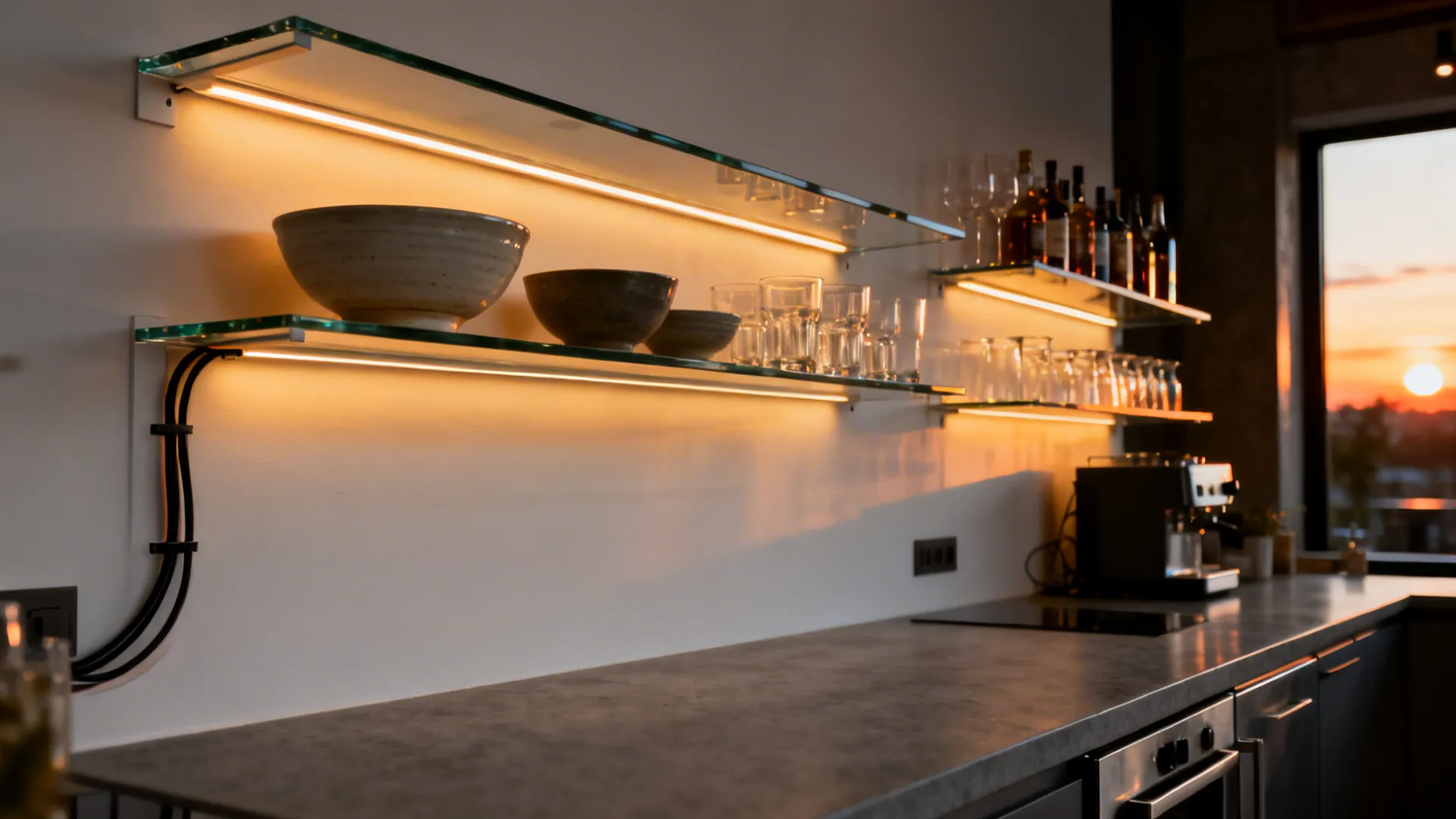 Kitchen counter with lighted glass shelves holding bowls and bottles against a warm sunset window