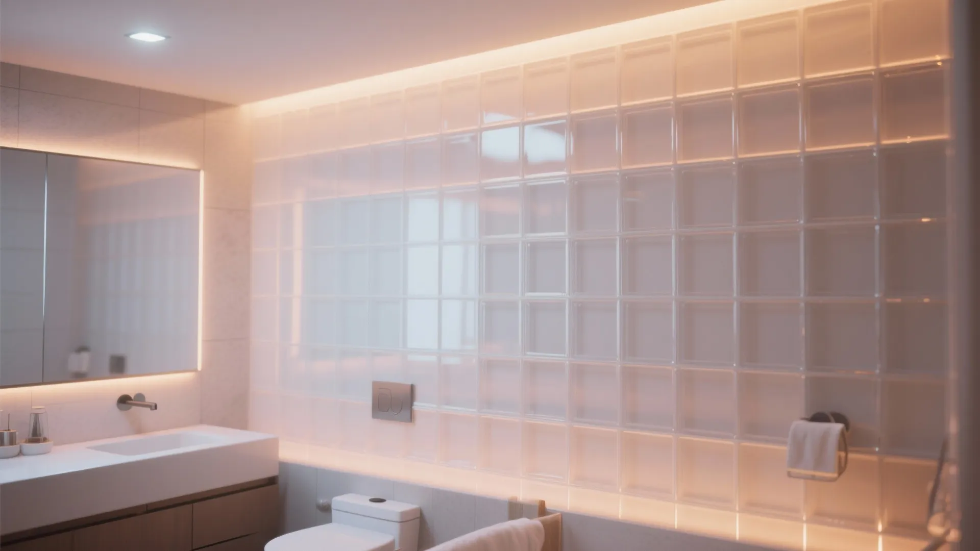 Bathroom wall with frosted glass tiles softly backlit by LEDs