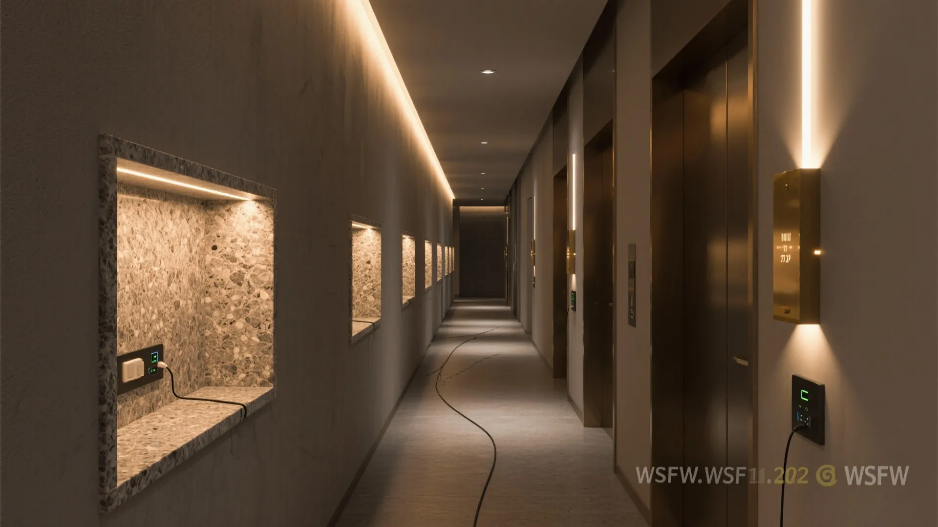 Modern hallway with backlit stone wall niches light fixtures along dark walls and long narrow corridor