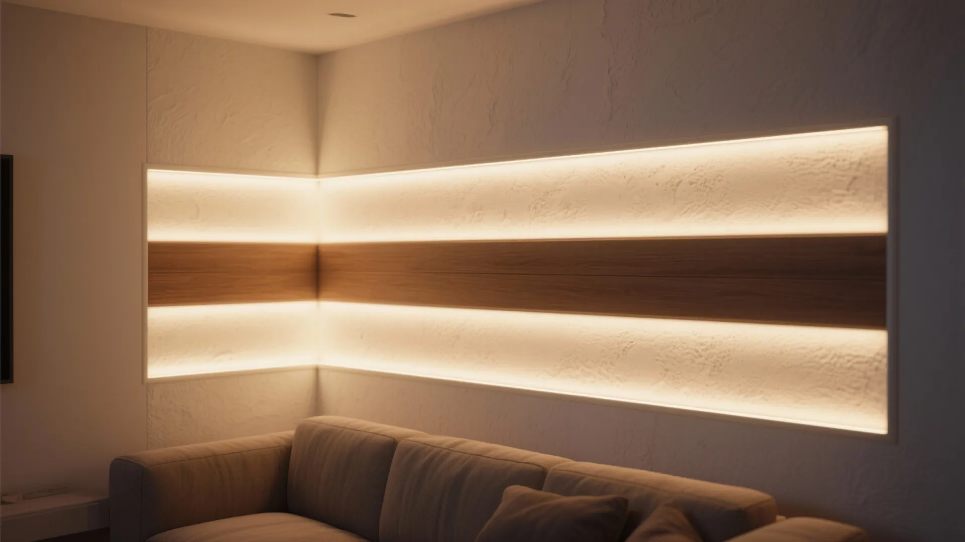 Living room wall with wood paneling and hidden light fixture glowing above a grey sofa