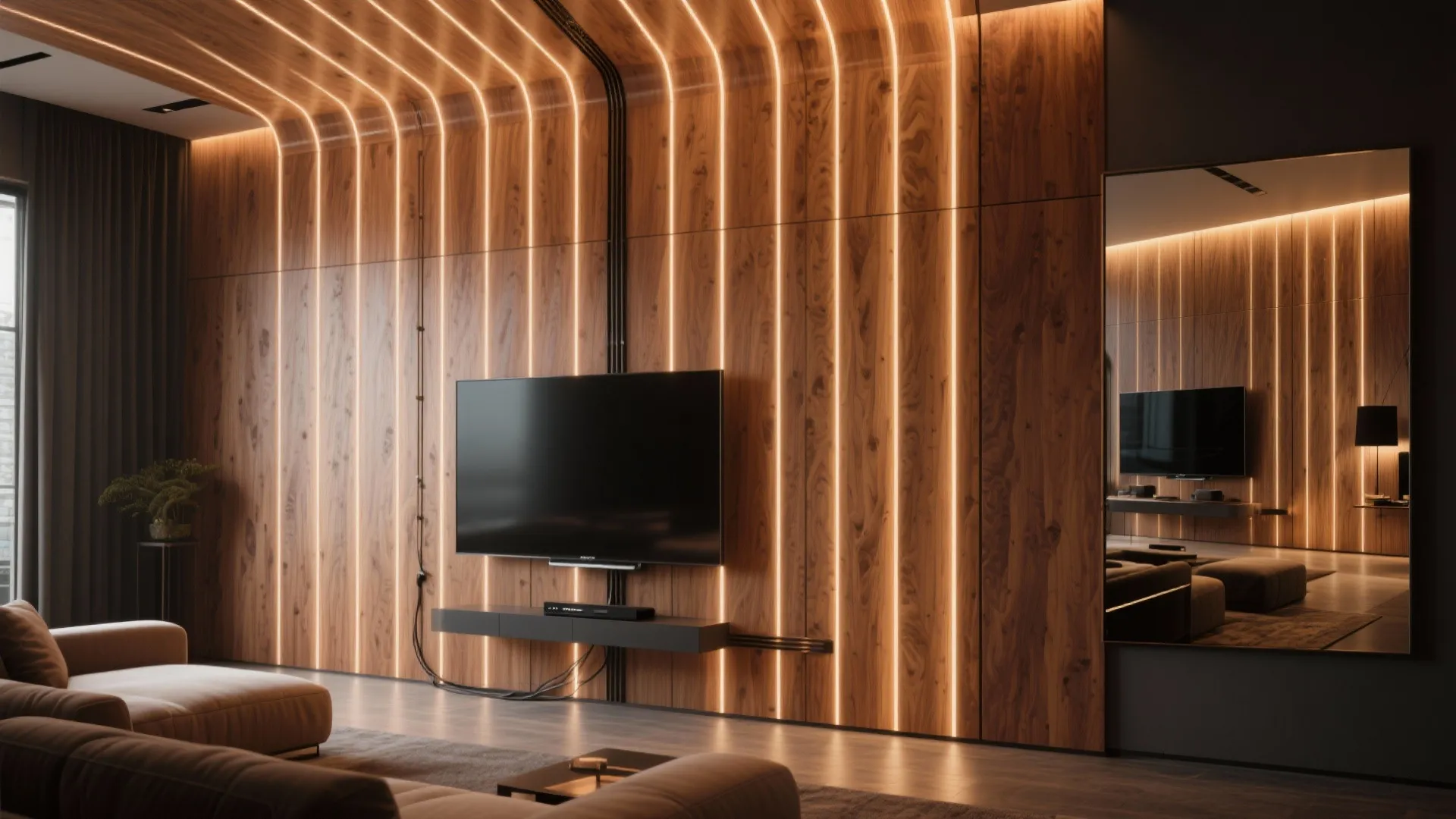 Living room with tv on wood wall panel featuring vertical warm light strips and sofa
