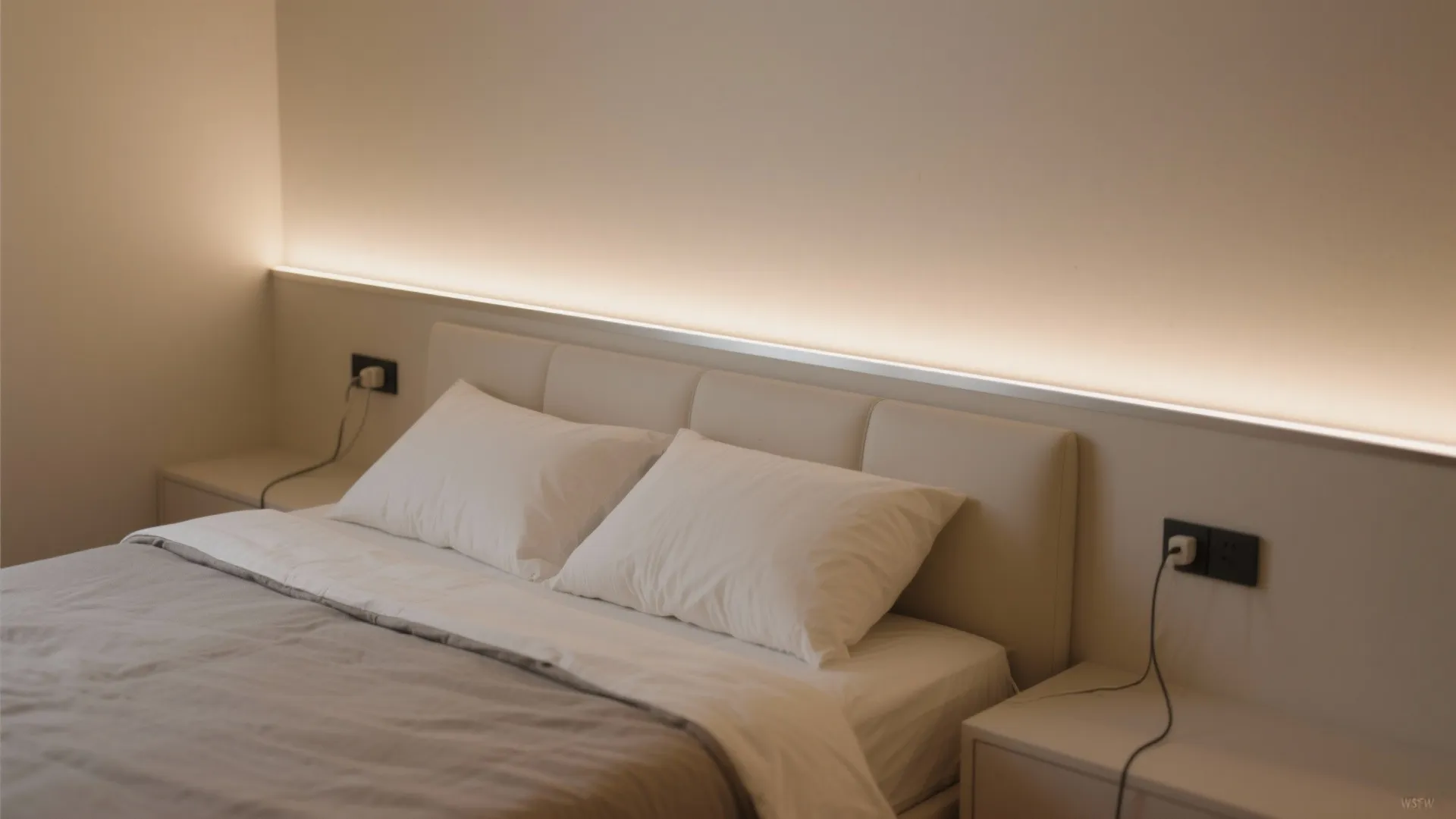 Backlit panels and integrated LED strips behind the bed