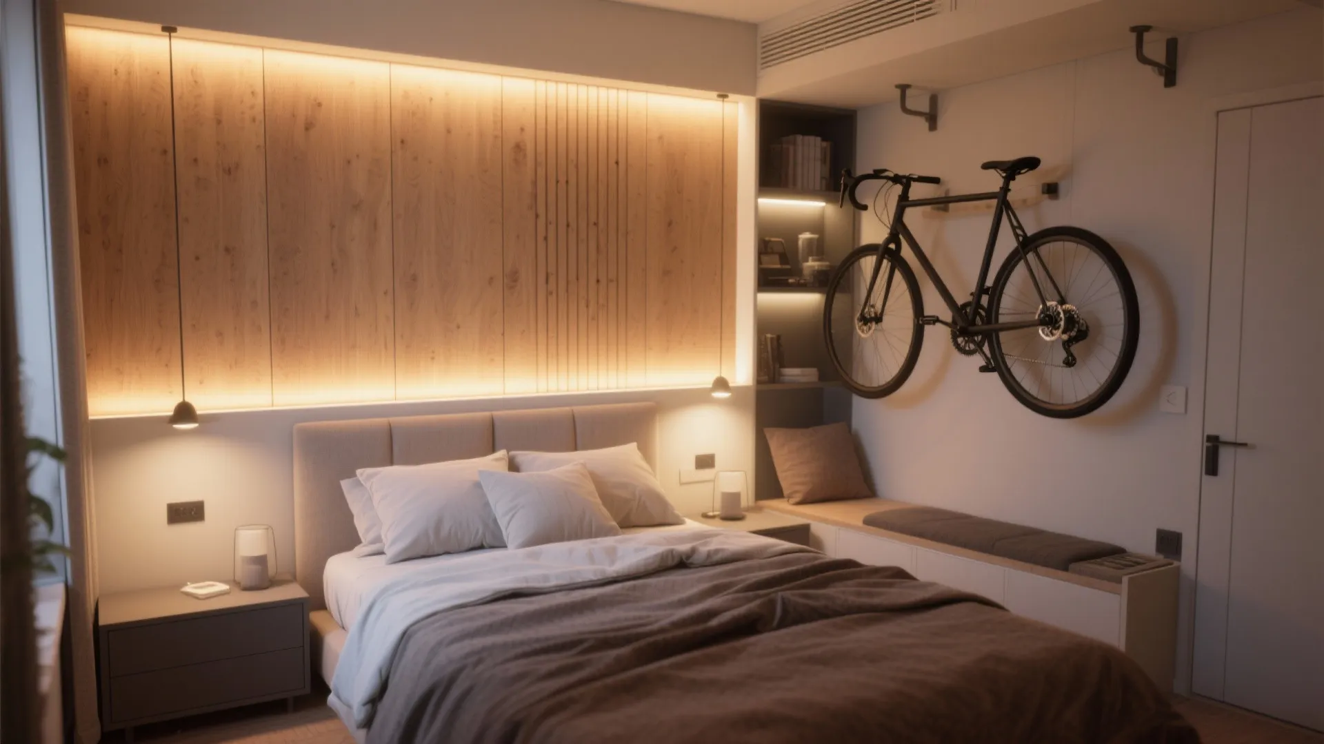 Bedroom with wood wall panel and hidden light fixture plus a bicycle hanging on wall
