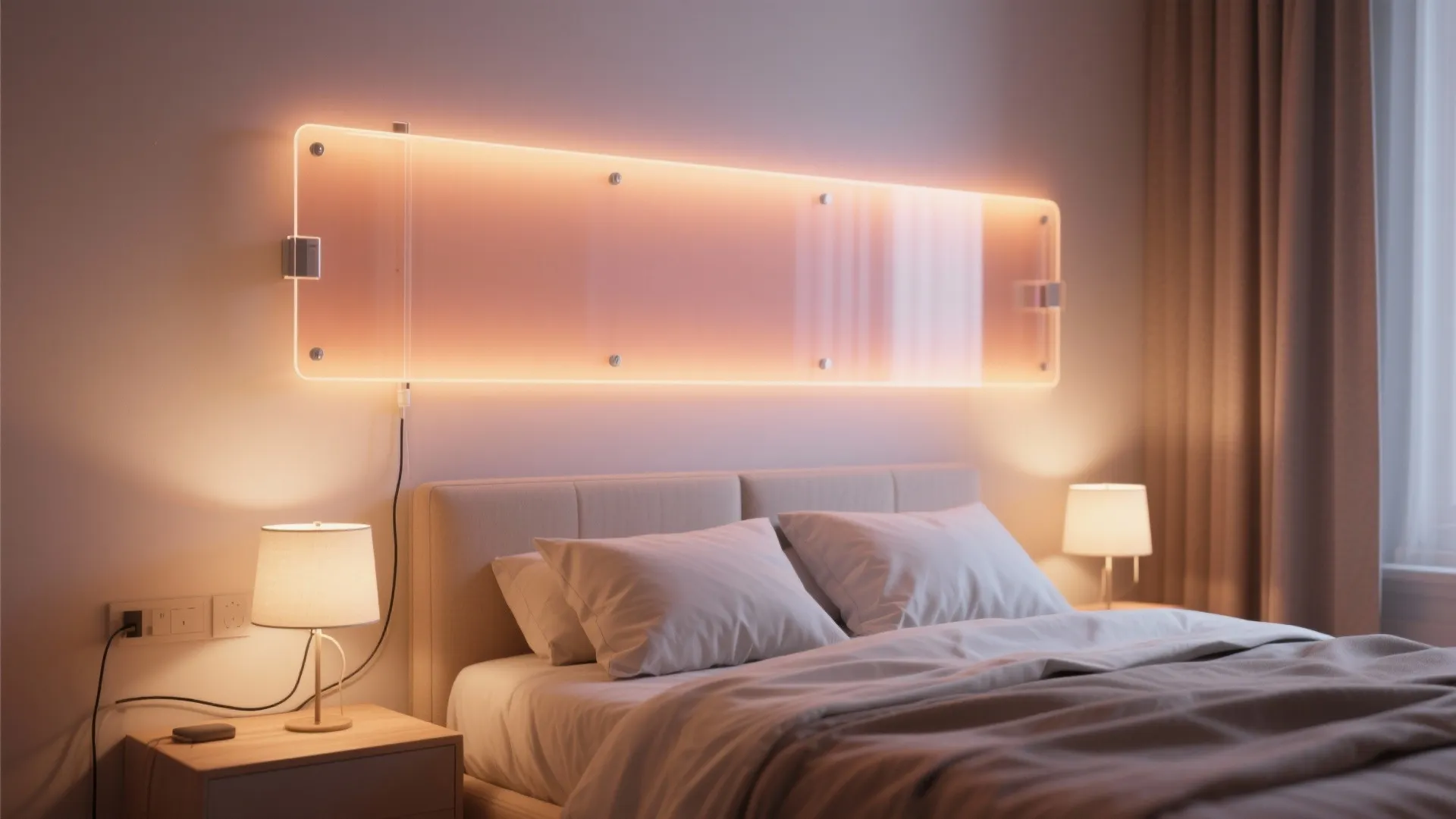 Bedroom with a wall-mounted backlit acrylic headboard providing warm, indirect lighting and a cozy atmosphere.