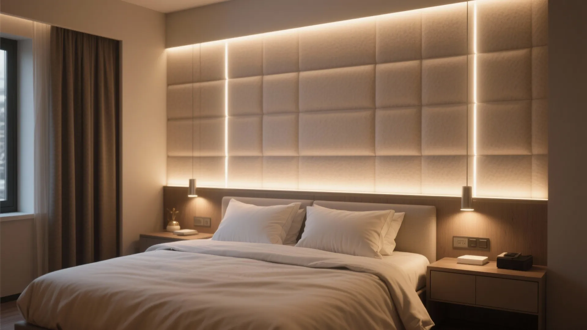 Modern bedroom with warm light fixture glowing behind a soft square wall panel above bed
