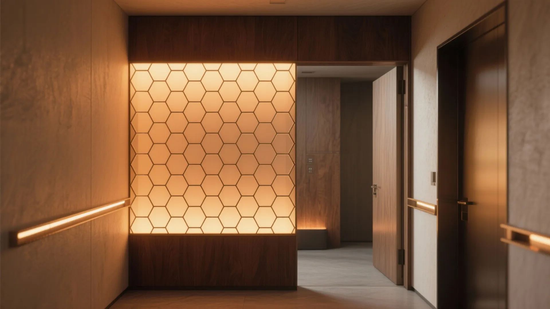 Wooden hallway featuring a glowing honeycomb wall panel with warm light and open room door