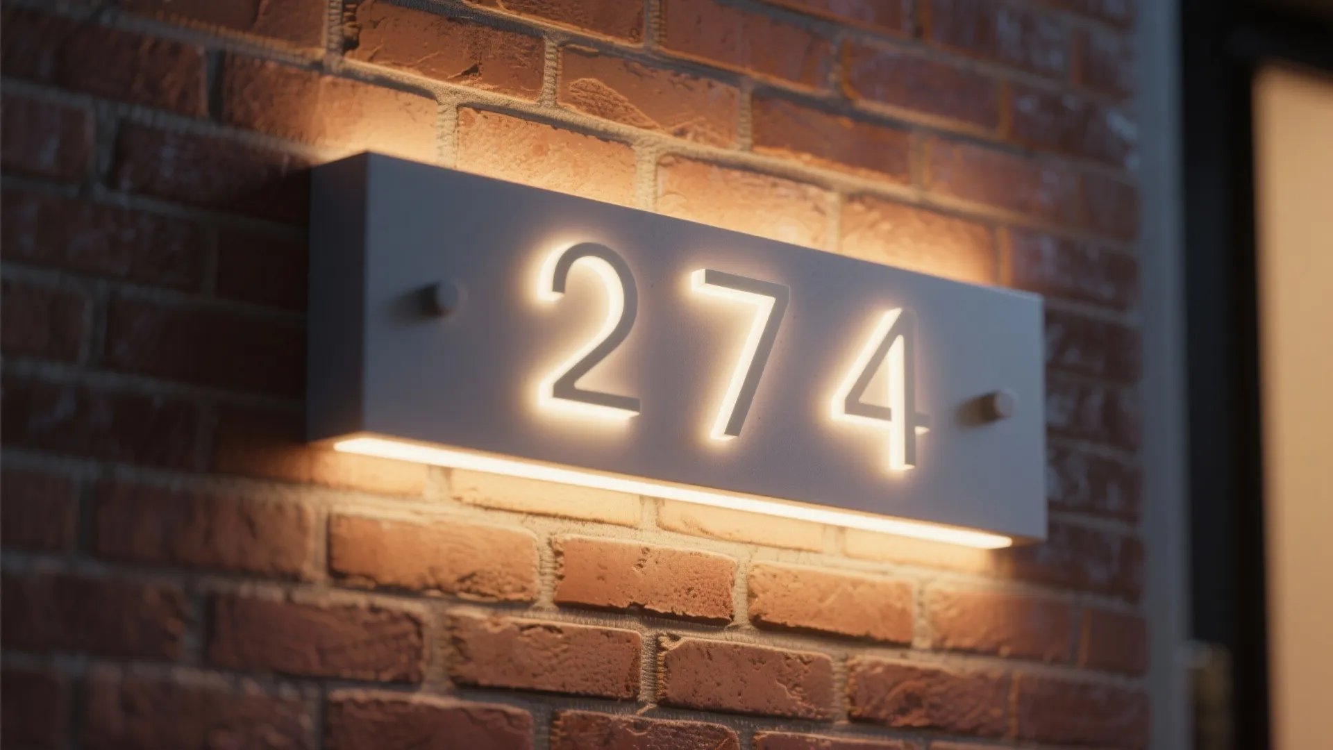 Modern backlit house number displaying two seven four mounted on red brick wall at night