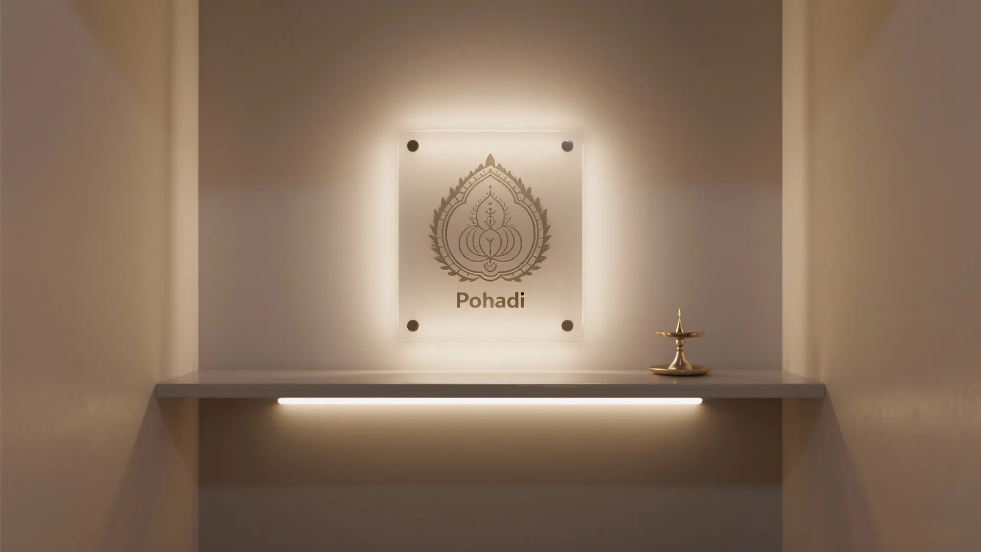 Square backlit wall panel with logo above white shelf with light fixture and brass candle