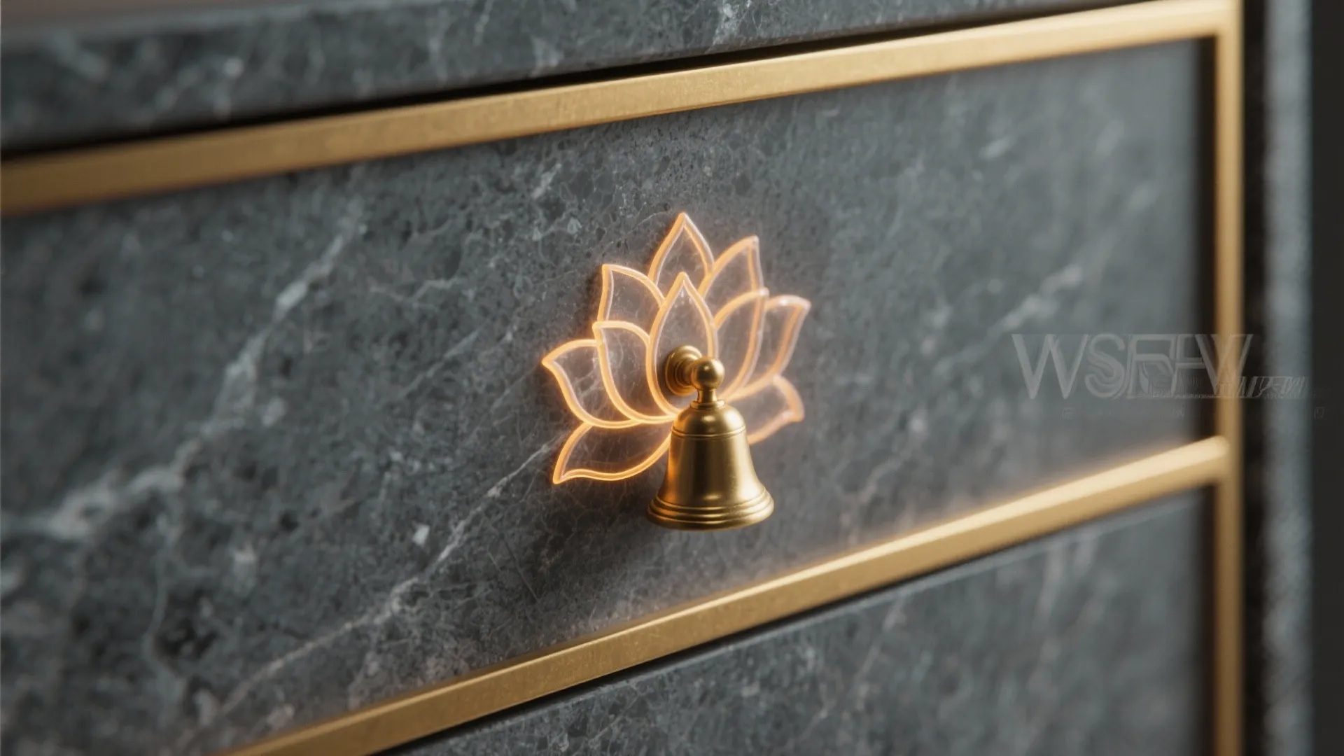 Grey marble cabinet drawer with a gold bell handle and a glowing lotus flower design