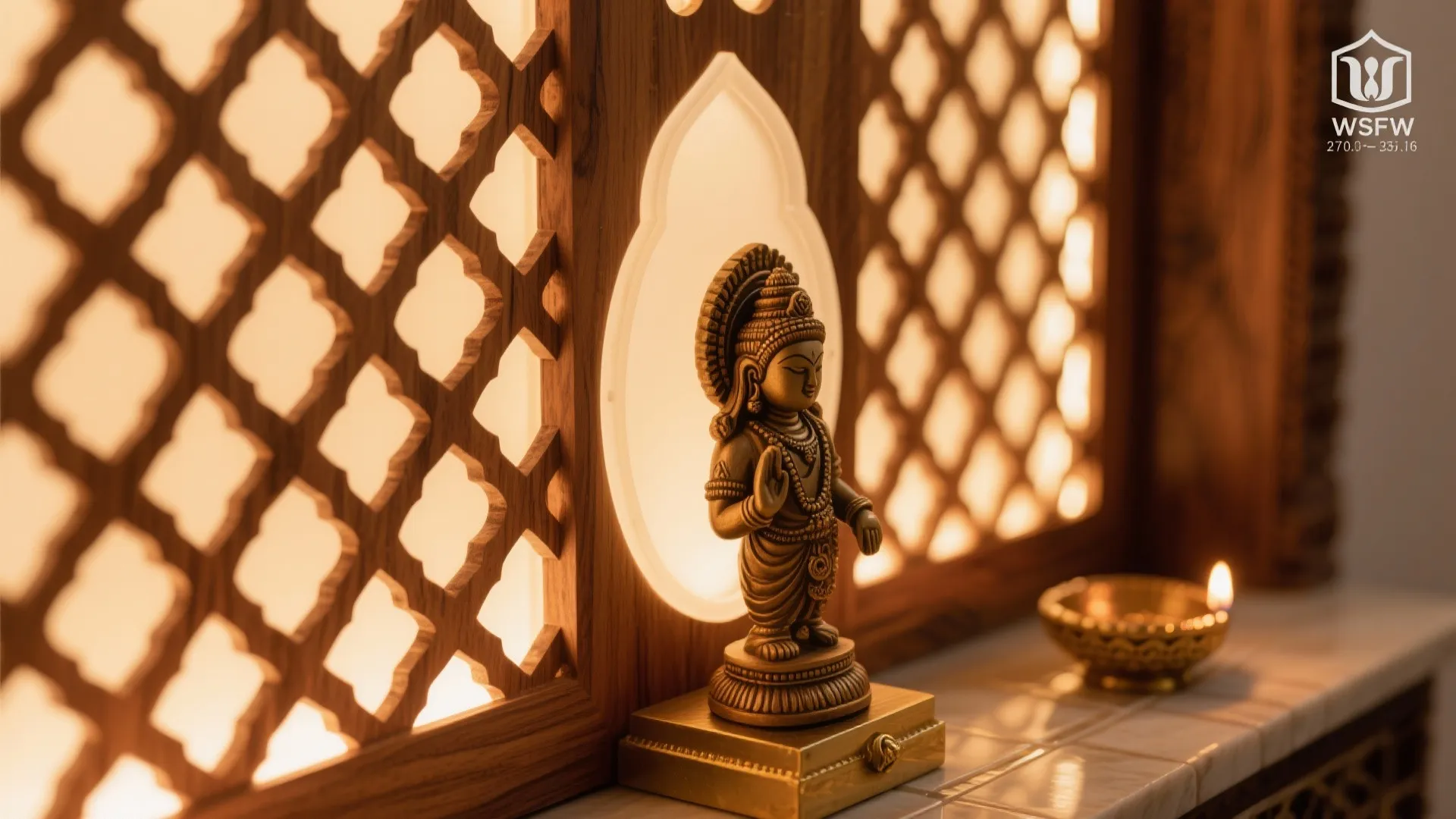 Small gold statue standing in front of a backlit wooden wall panel with geometric patterns
