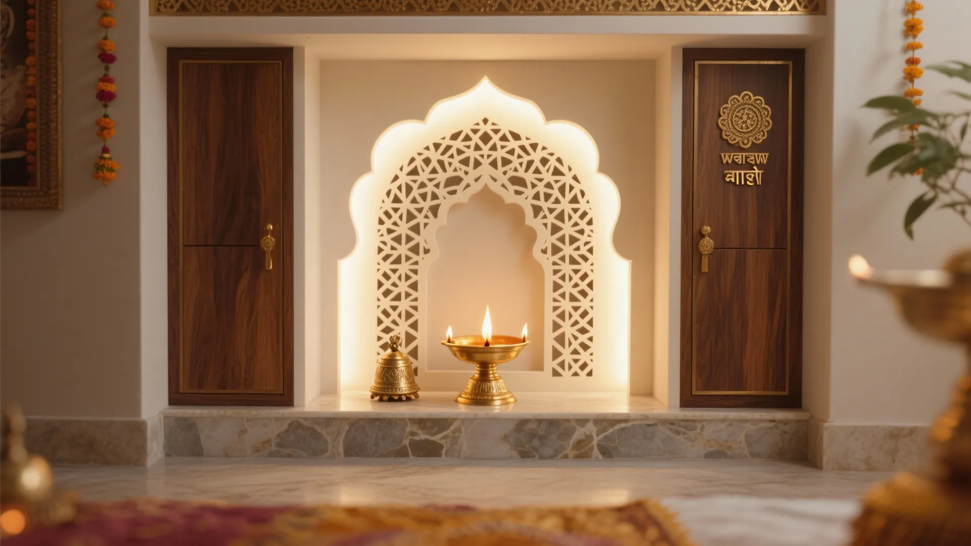 Backlit Jaali and Warm Brass Accents for a Sacred Glow