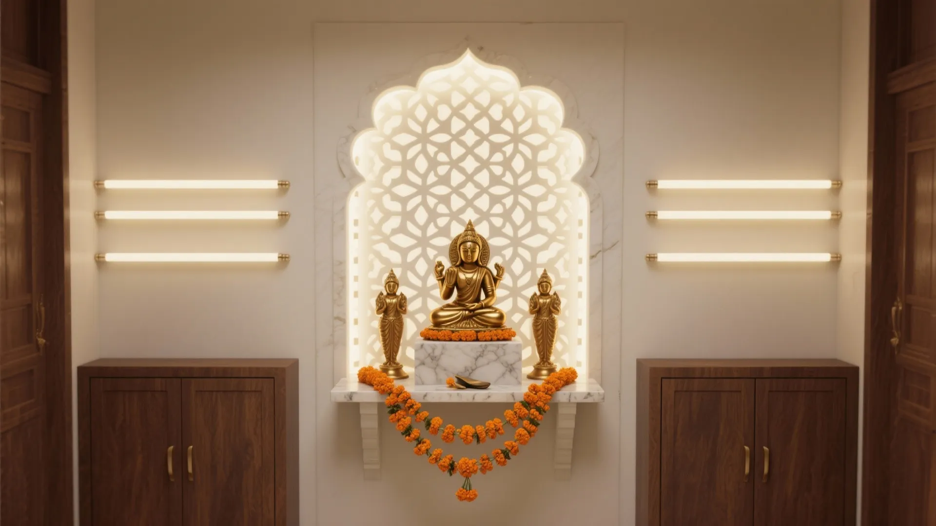 Traditional wall panel with gold statues and warm strip lights next to dark wooden cabinets