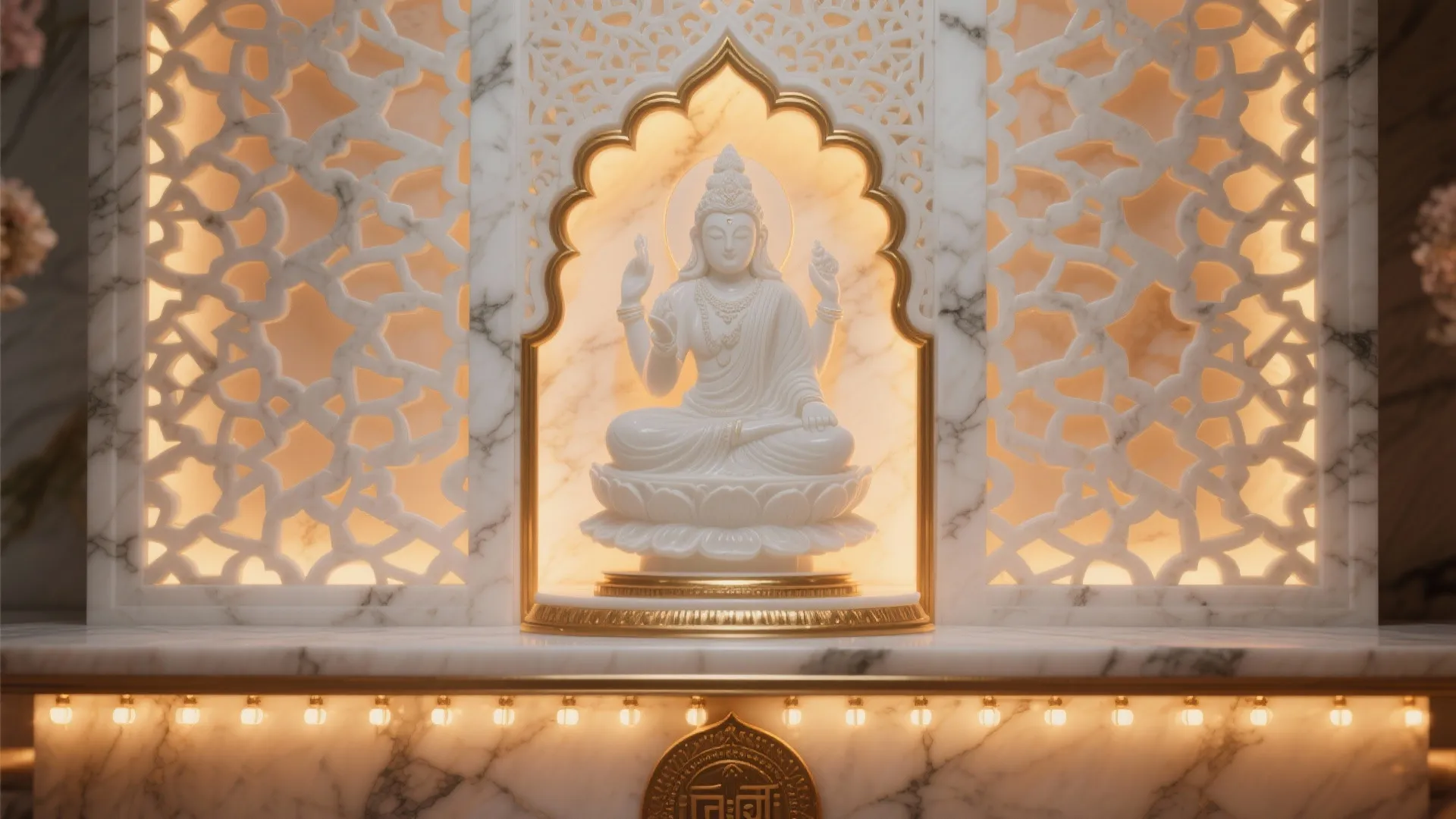 White statue sitting in gold frame against marble wall with carved patterns and soft lights