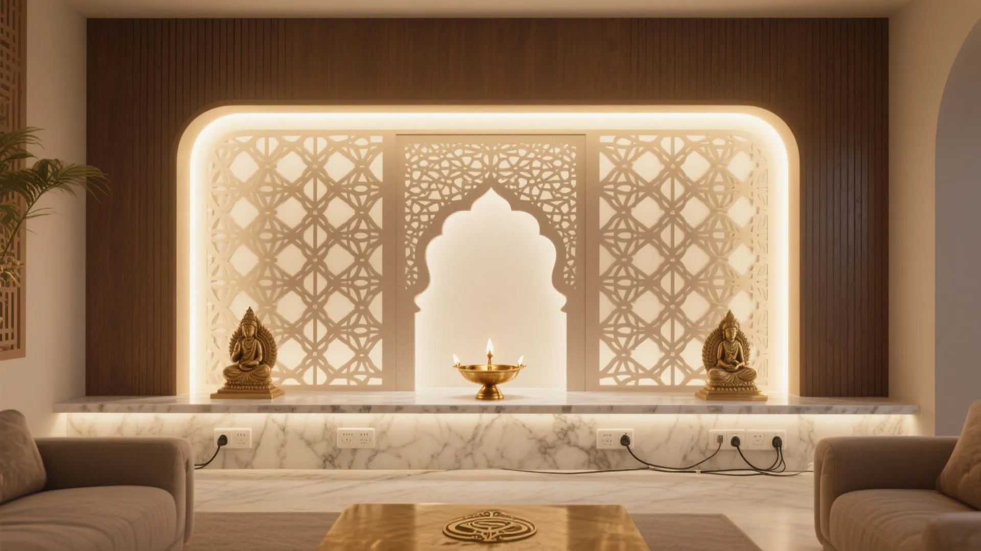 Traditional prayer room design with backlit wall patterns gold statues marble platform and sofa seating