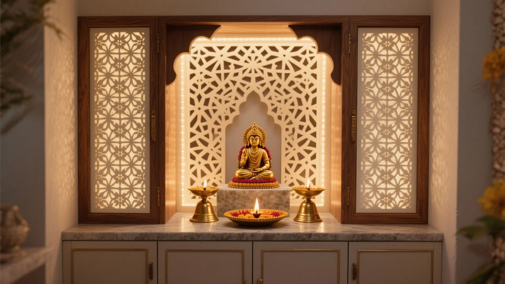 Golden statue sitting in prayer room with wall panel designs and three small light fixtures