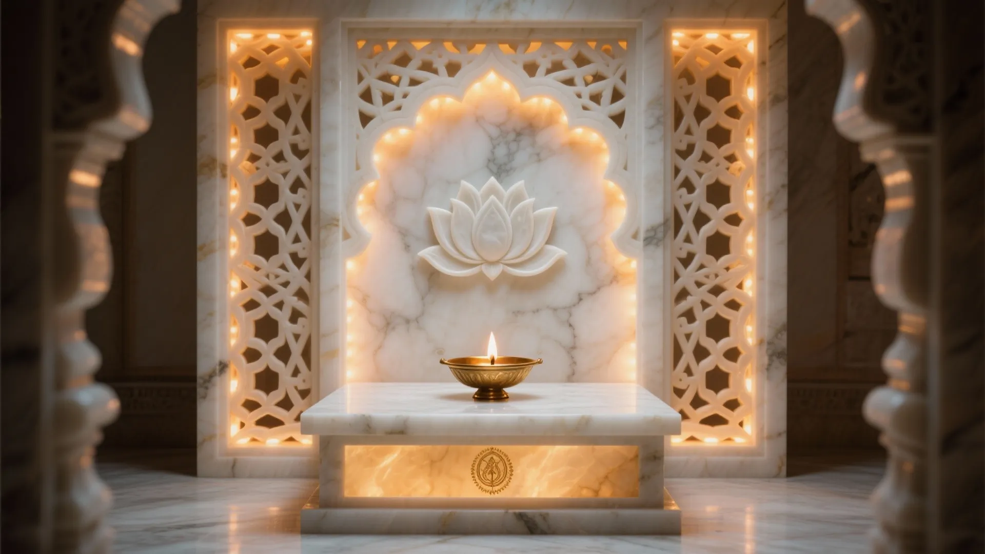 Marble wall panel with flower carving and glowing light behind a gold oil lamp fixture