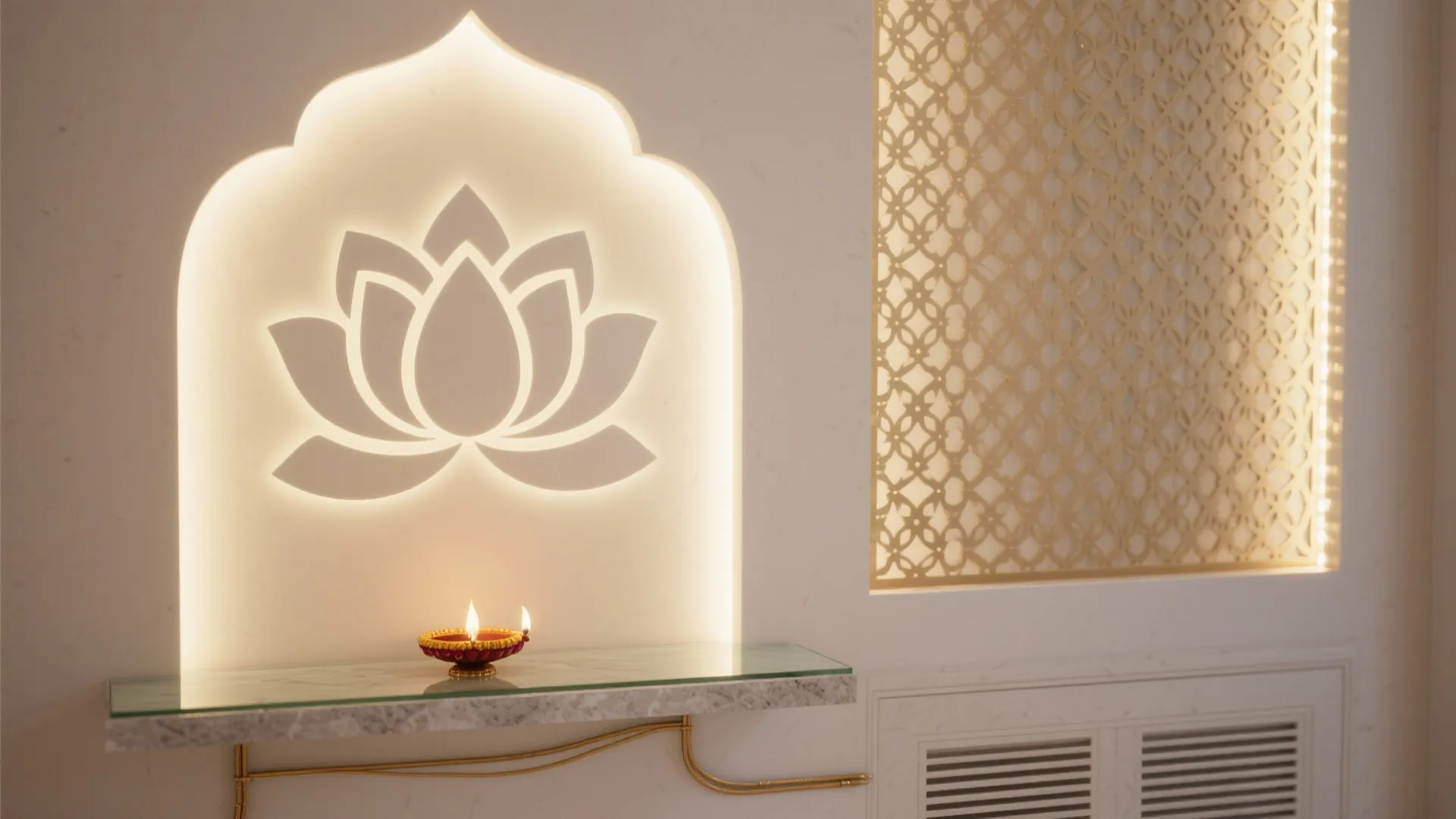Backlit jaali panel for a sacred, soft glow