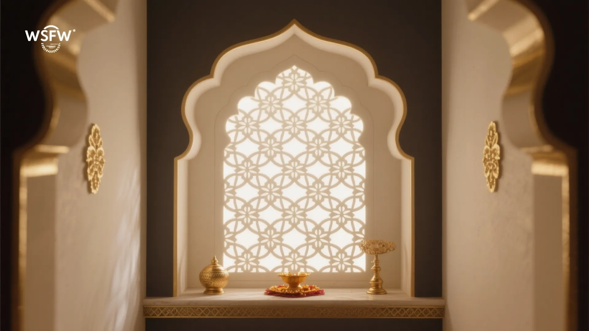 Traditional prayer space with backlit patterned window screen gold bowl and small decorative metal items