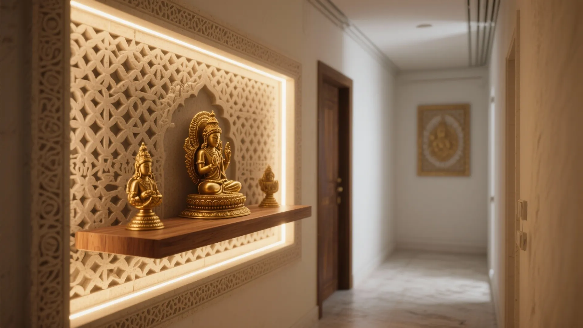 White hallway featuring a backlit patterned wall panel with gold statues on a wooden shelf