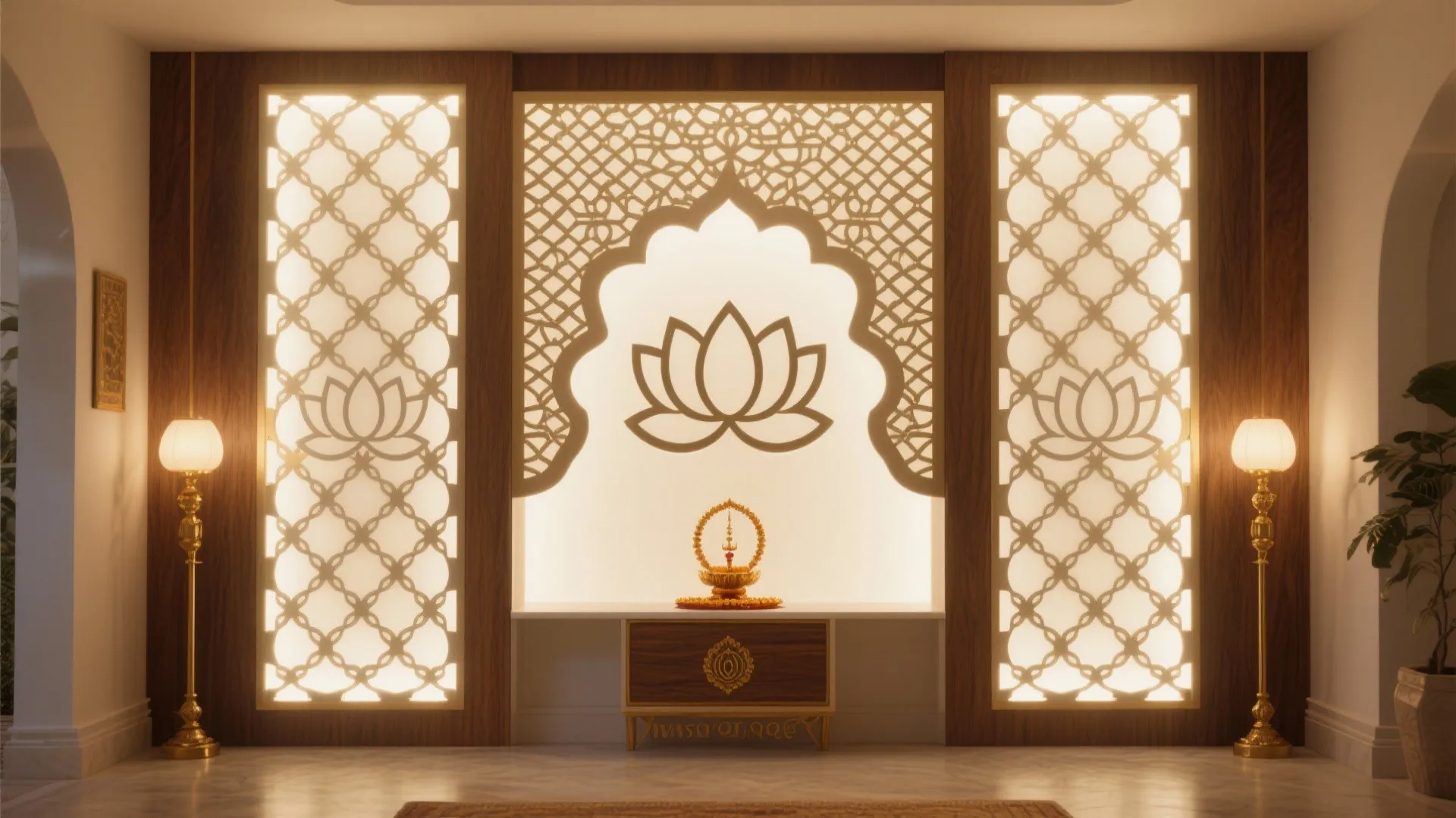 Prayer room wall featuring backlit lotus patterns, wooden panels, gold floor lights, and small cabinet