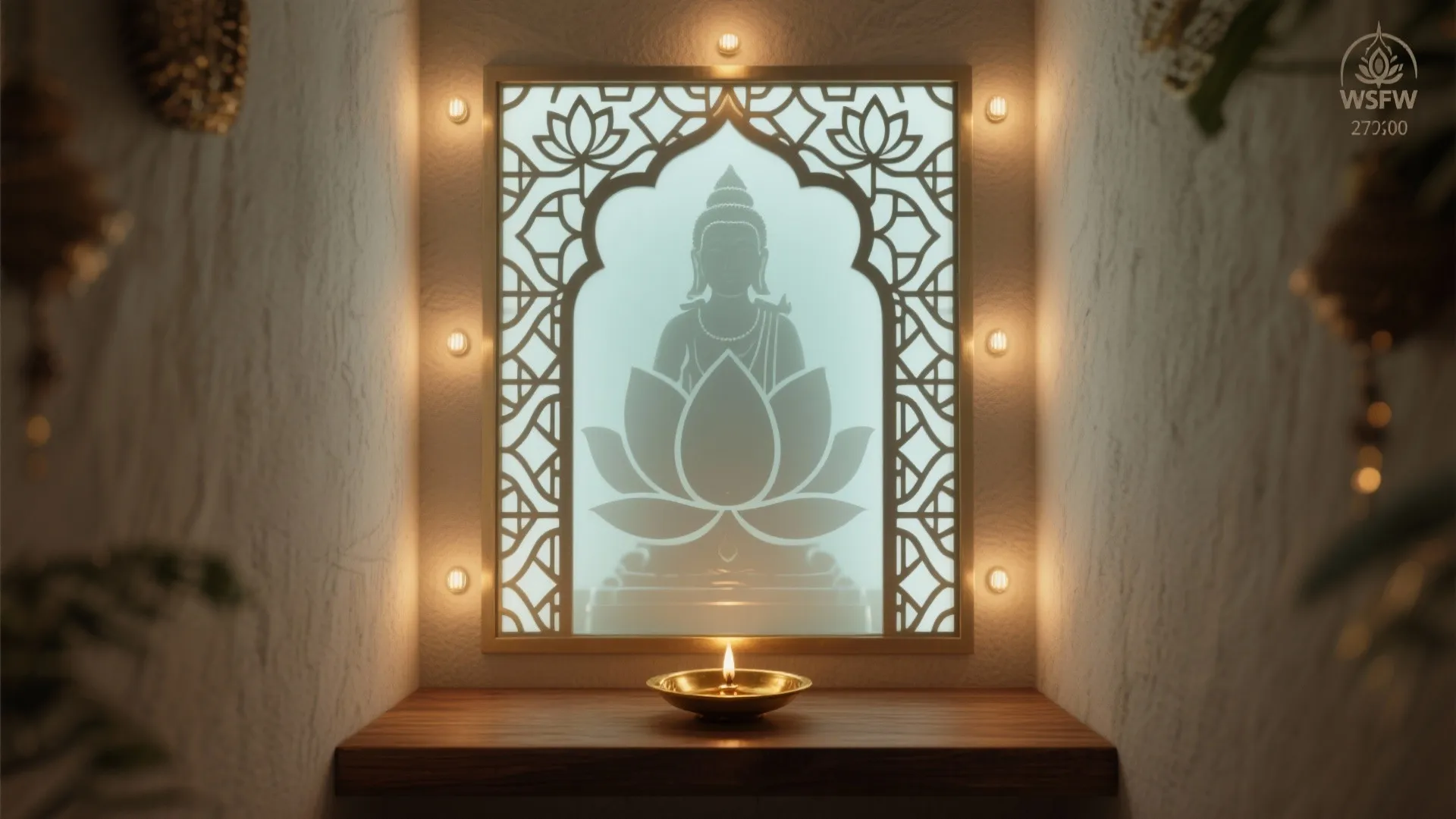 Backlit wall panel with Buddha design surrounded by small lights above a wooden shelf area