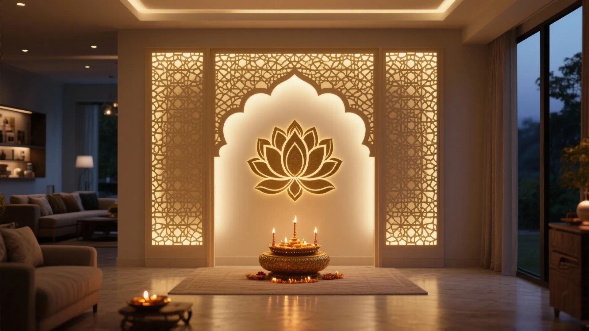 Modern living room showing a backlit wall panel with a lotus flower and light fixtures