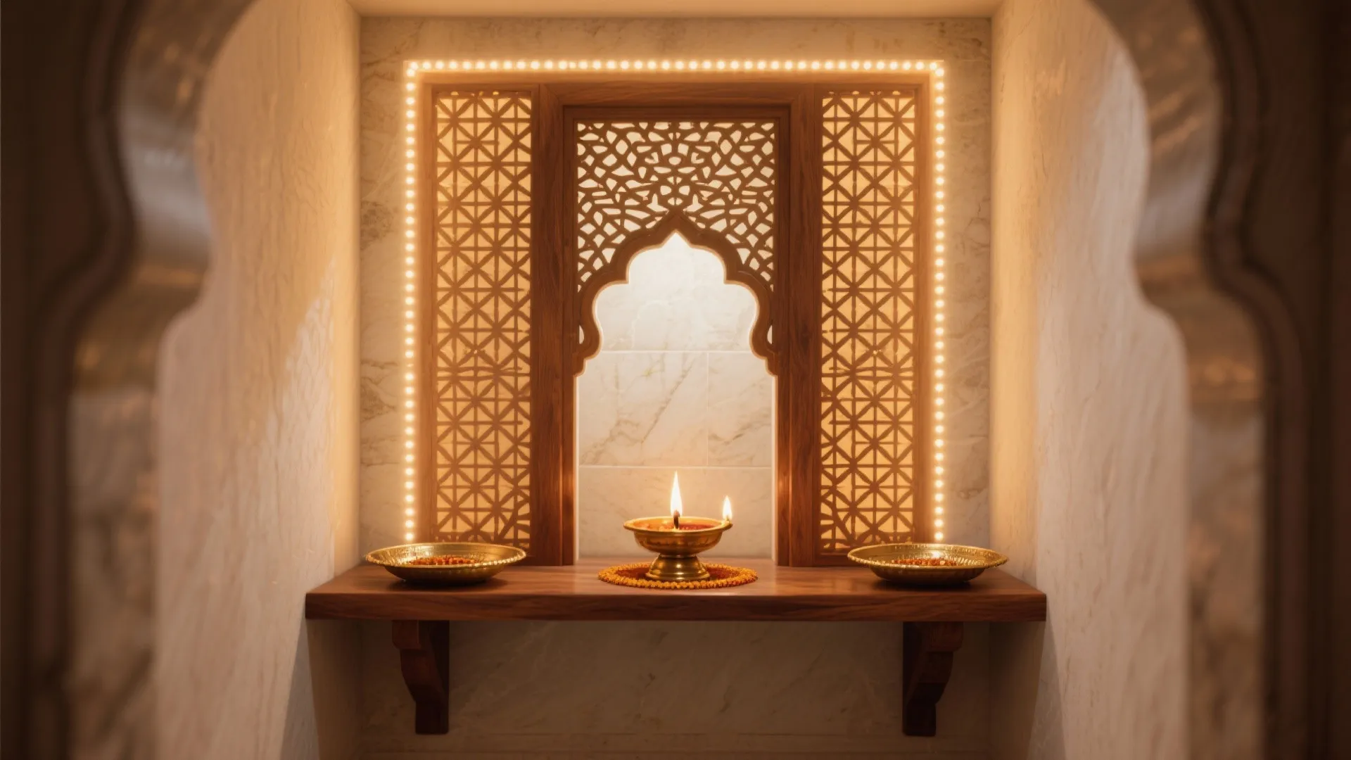 Decorative wooden wall panel with lights marble wall shelf gold bowls and warm lit candle