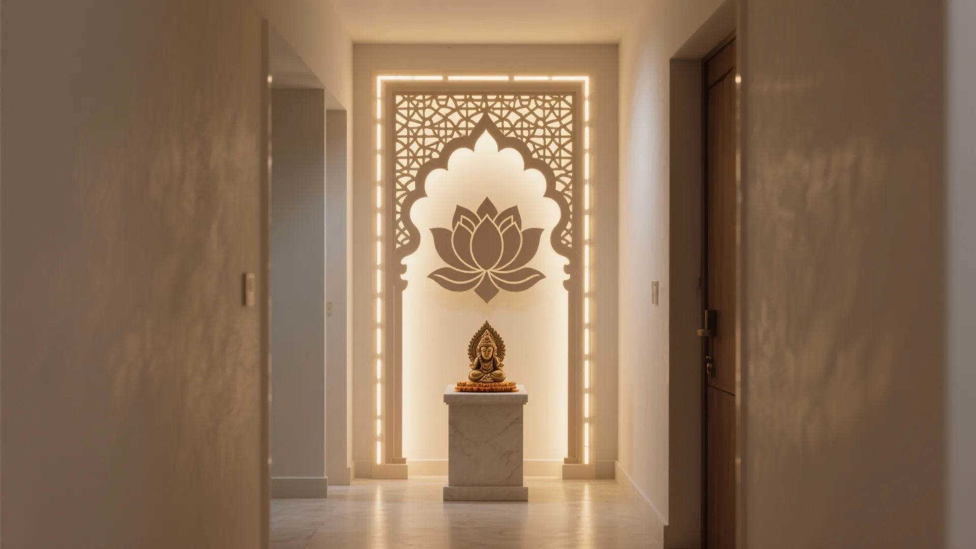 Modern hallway featuring a decorative wall panel with lotus pattern and a golden Buddha statue