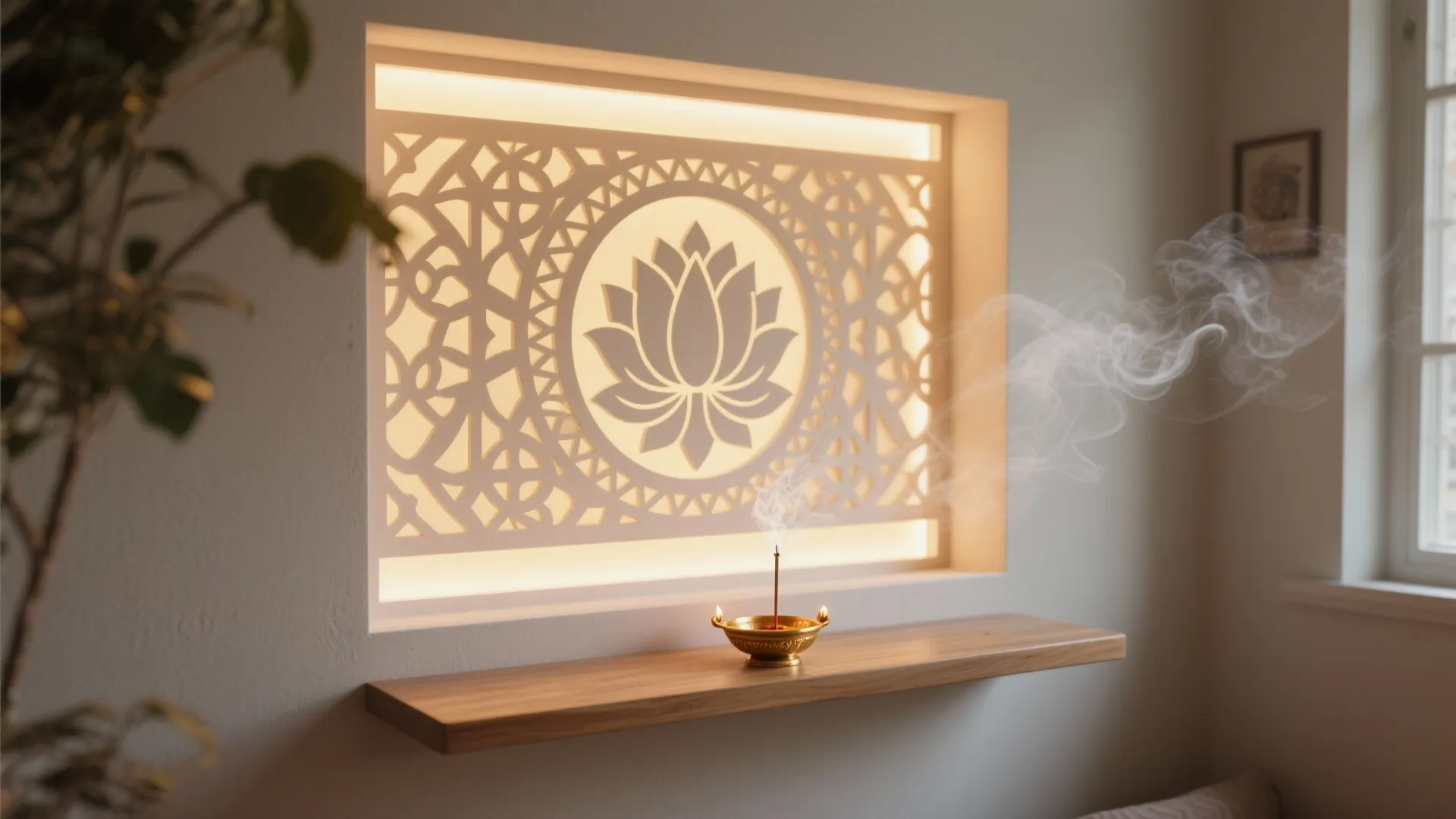 Slim backlit CNC MDF jaali with lotus and om motifs in a compact pooja niche.