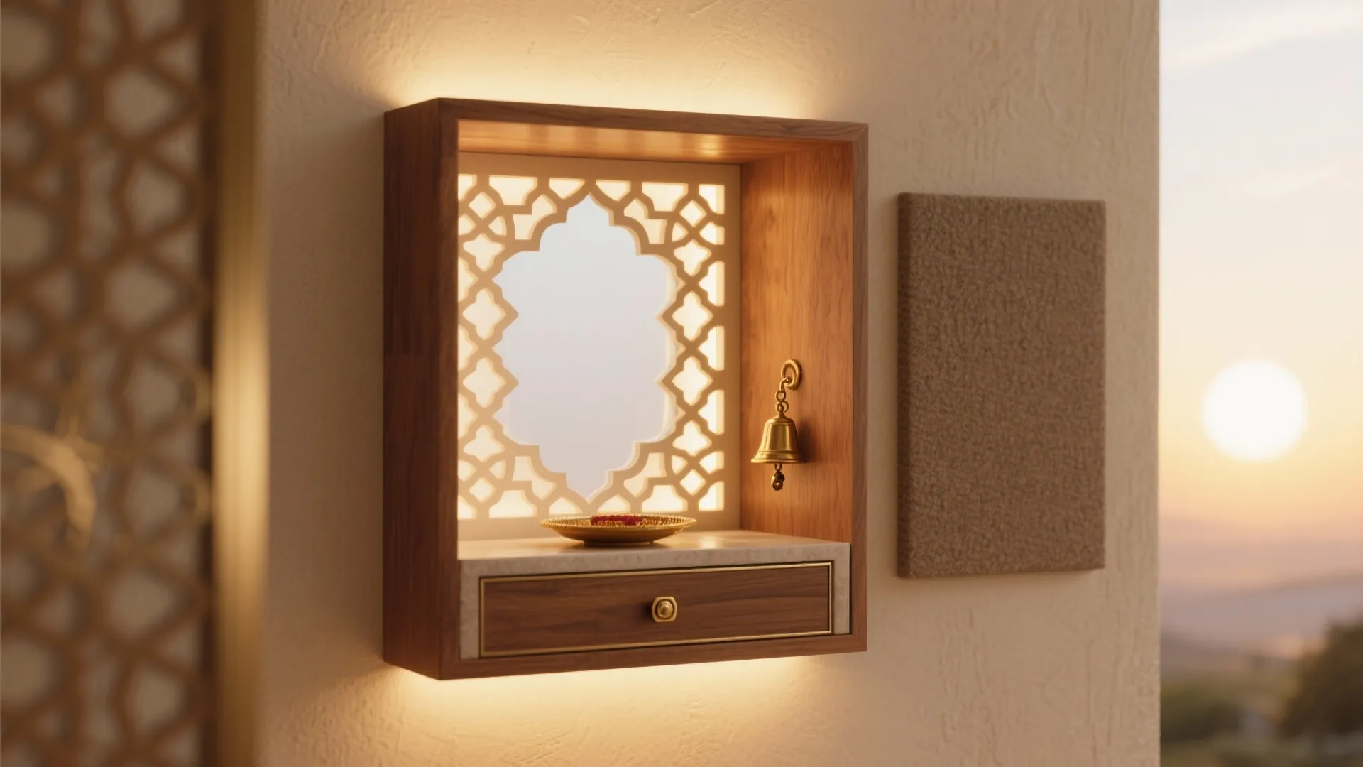 Wooden wall cabinet with glowing patterned background a small brass bell and a single drawer