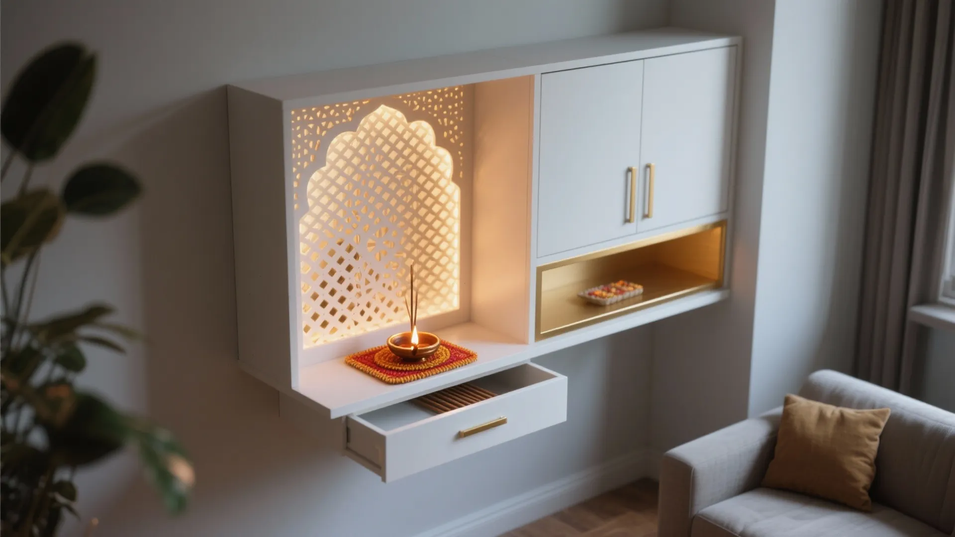 Wall-Mounted Mandir with Backlit Jaali