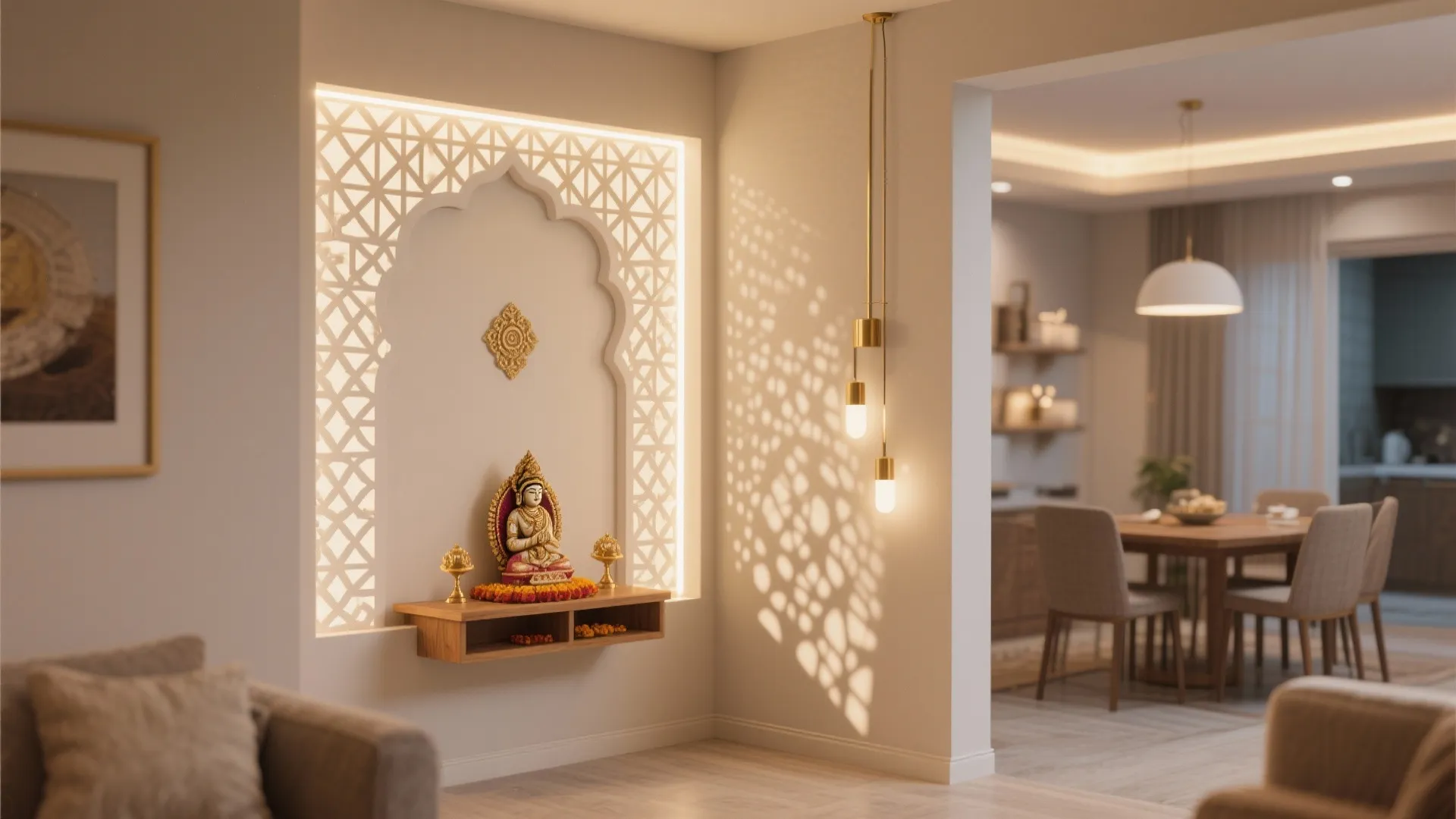 Modern prayer area with Buddha statue featuring a white backlit patterned wall panel and hanging lights