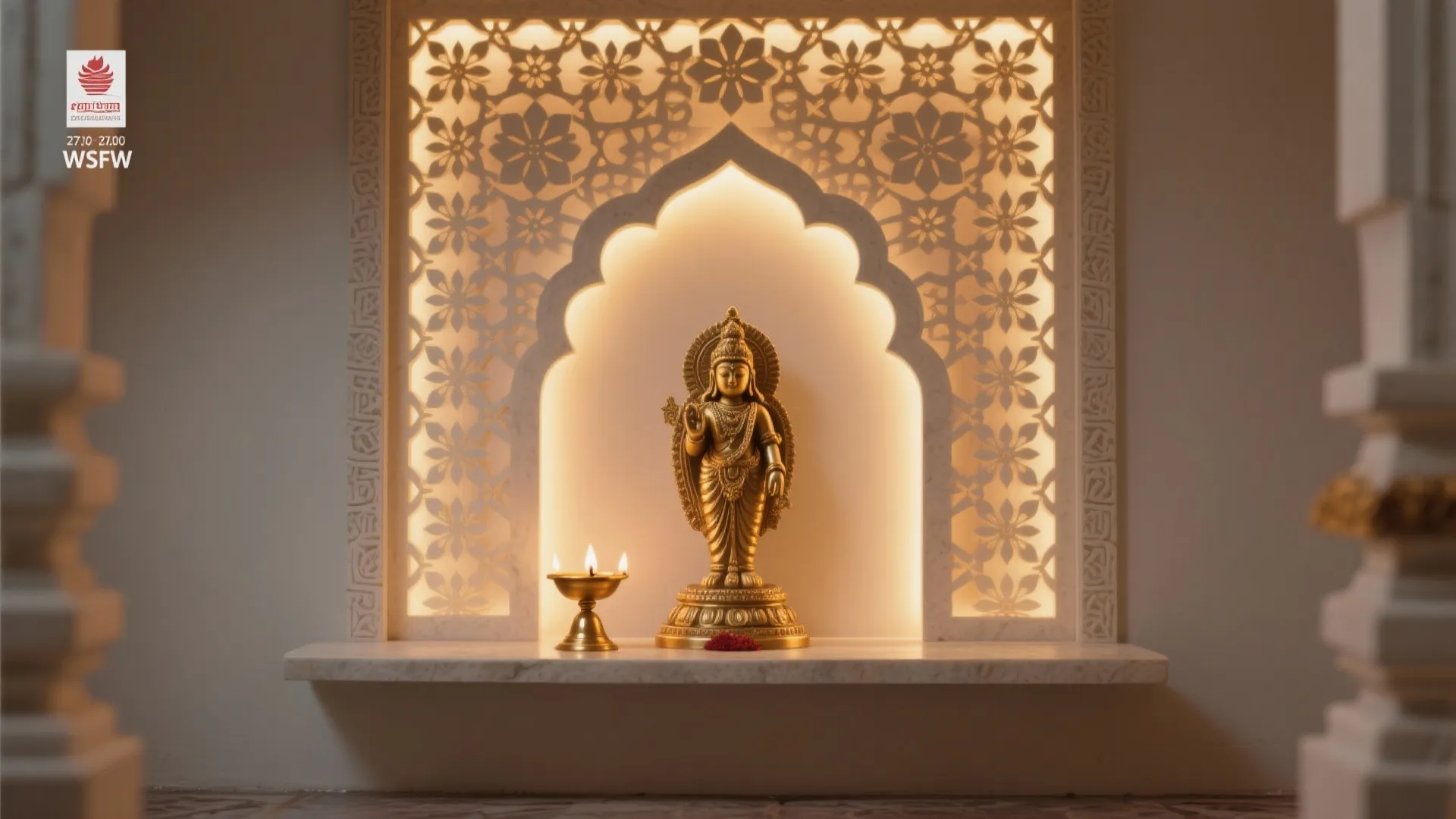 Gold statue inside white backlit wall arch with flower patterns on a clean marble shelf