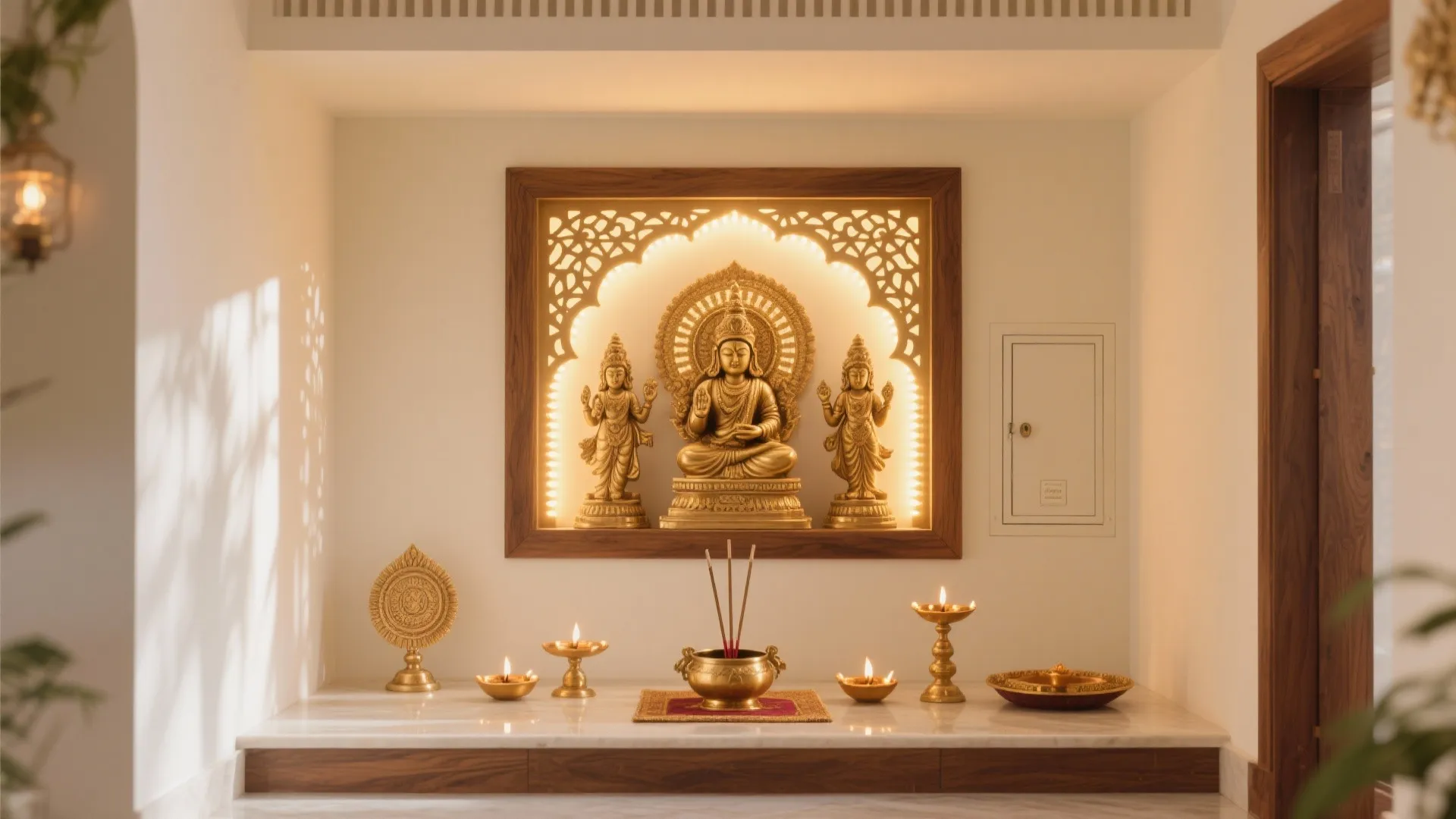 Small home altar with golden statues inside wood frame wall panel and warm light fixture