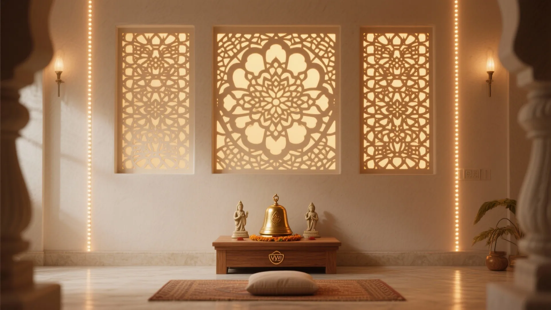 Peaceful prayer room with decorative wall panels soft warm lighting a small table and cushion