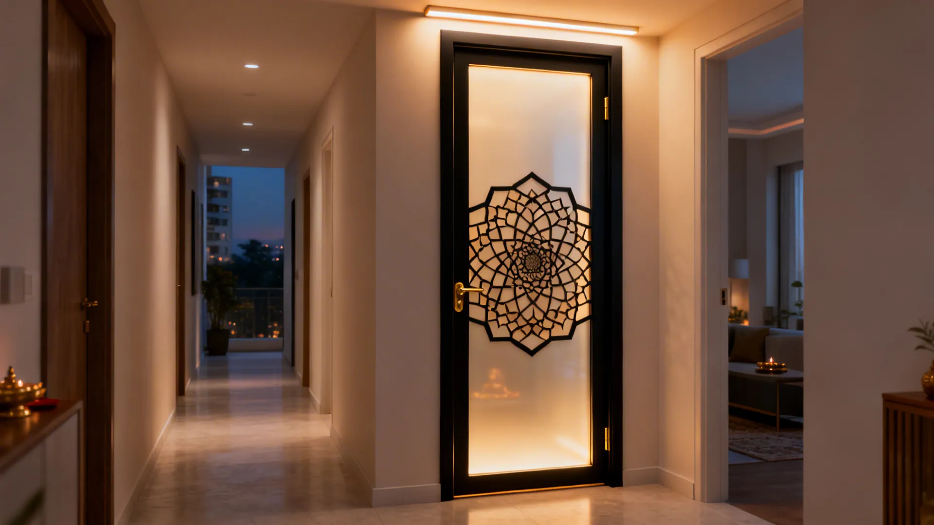 Hallway with backlit glass door showing black decorative pattern and warm lighting for modern home