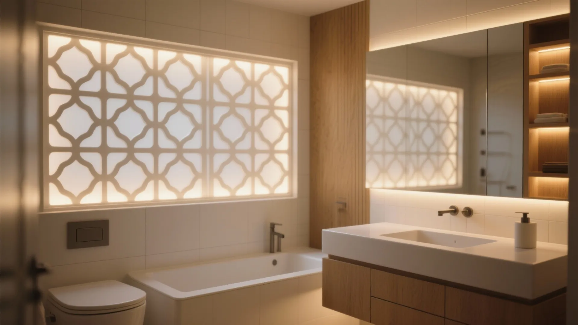 Backlit Solid-Surface Jali as a Spa-Like Feature Wall
