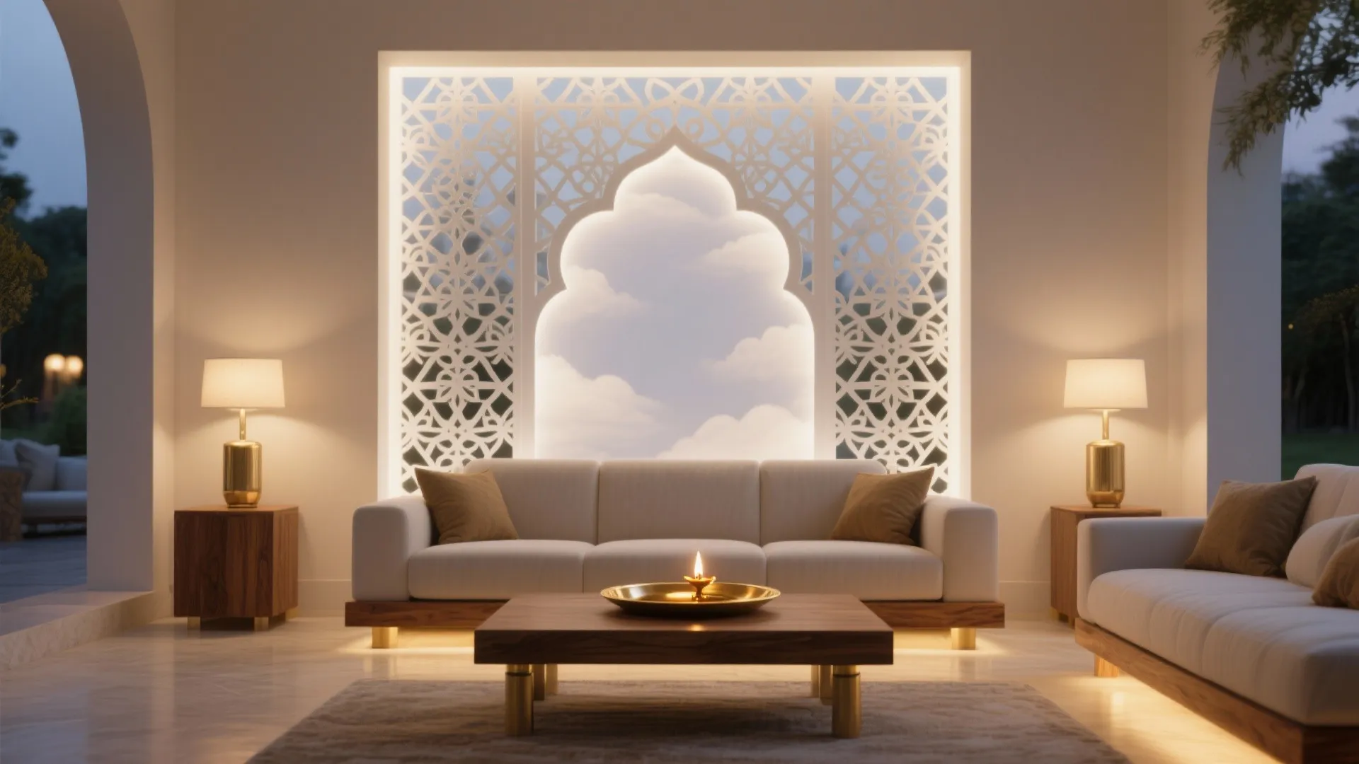Elegant living room with white sofa wooden coffee table gold table lamps and backlit wall panel
