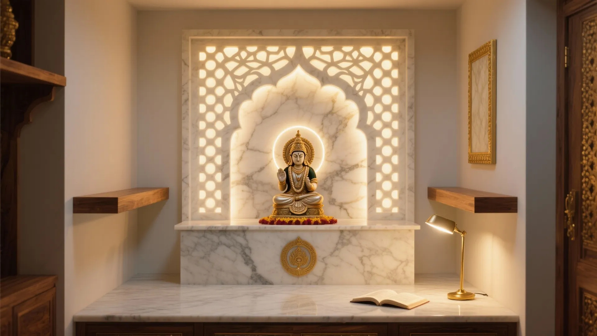Elegant white marble prayer unit with gold statue backlit wall panel table lamp and book