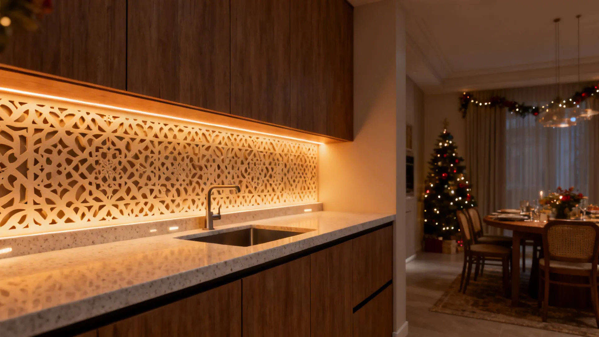 Warm backlit jali panel behind a slim counter with a semi-recessed basin.