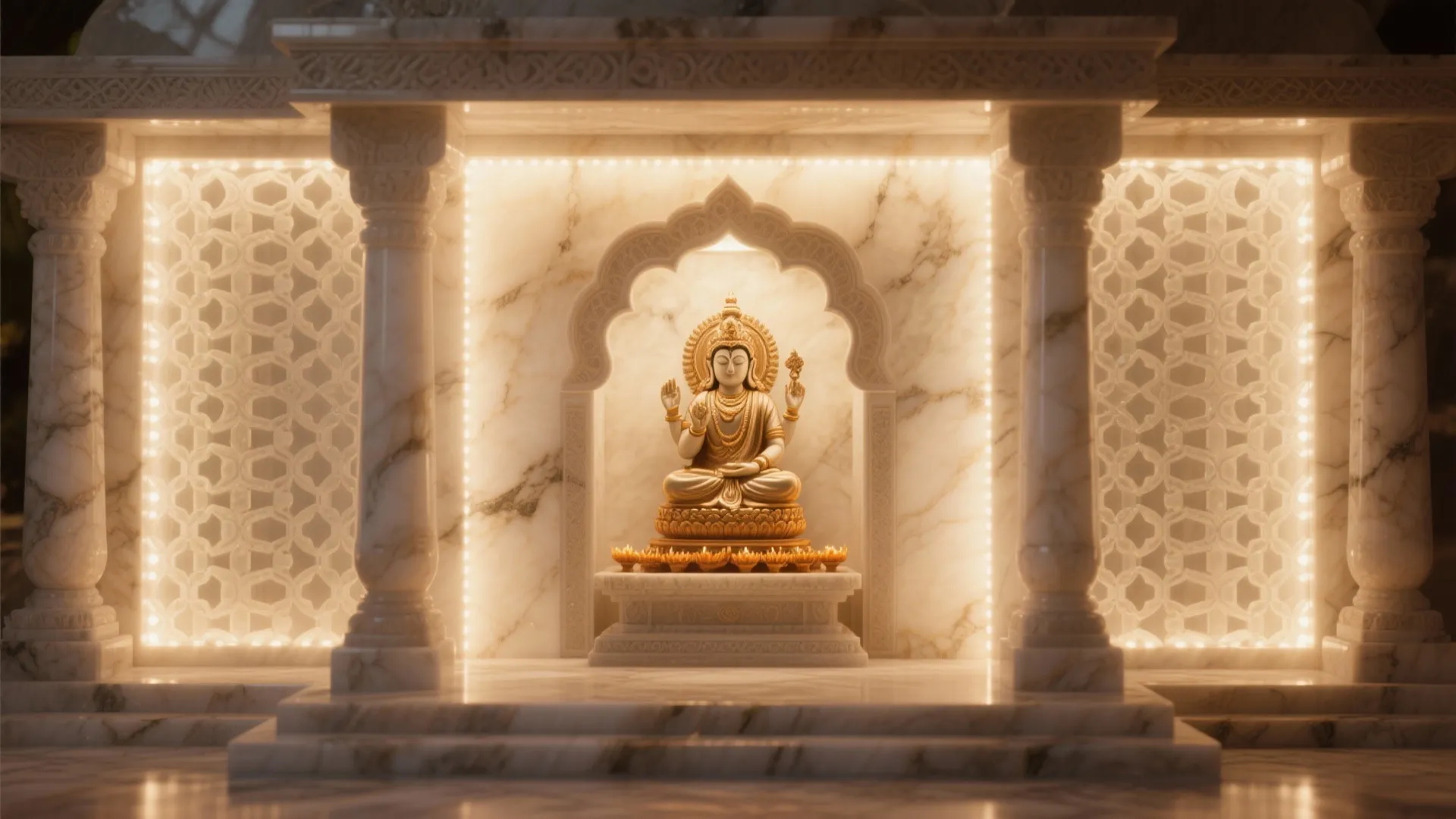 Shrine with uniformly backlit onyx or frosted jali panels providing a calm ethereal background for the deity.
