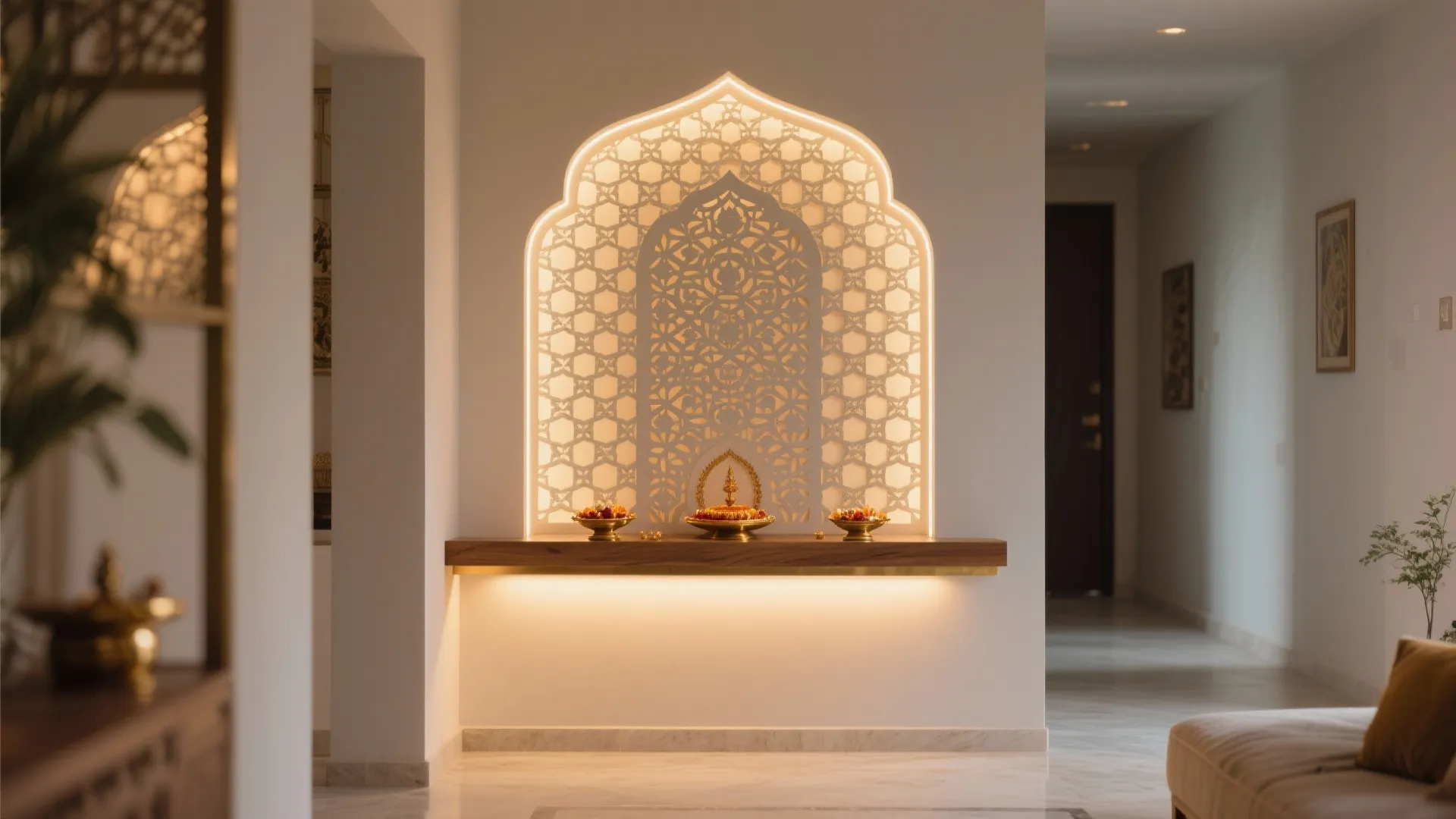 Backlit jali wall-niche Pooja sanctuary with floating ledge and warm 2700K lighting.