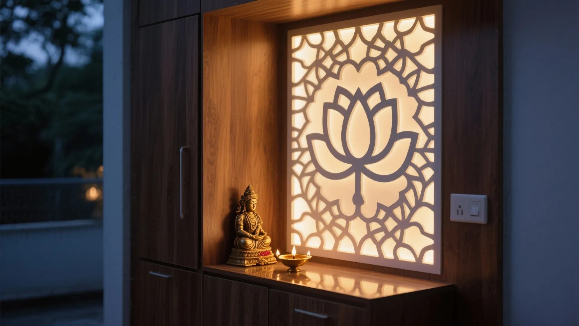 Dark wood cabinet featuring a glowing backlit wall panel with a carved lotus flower design