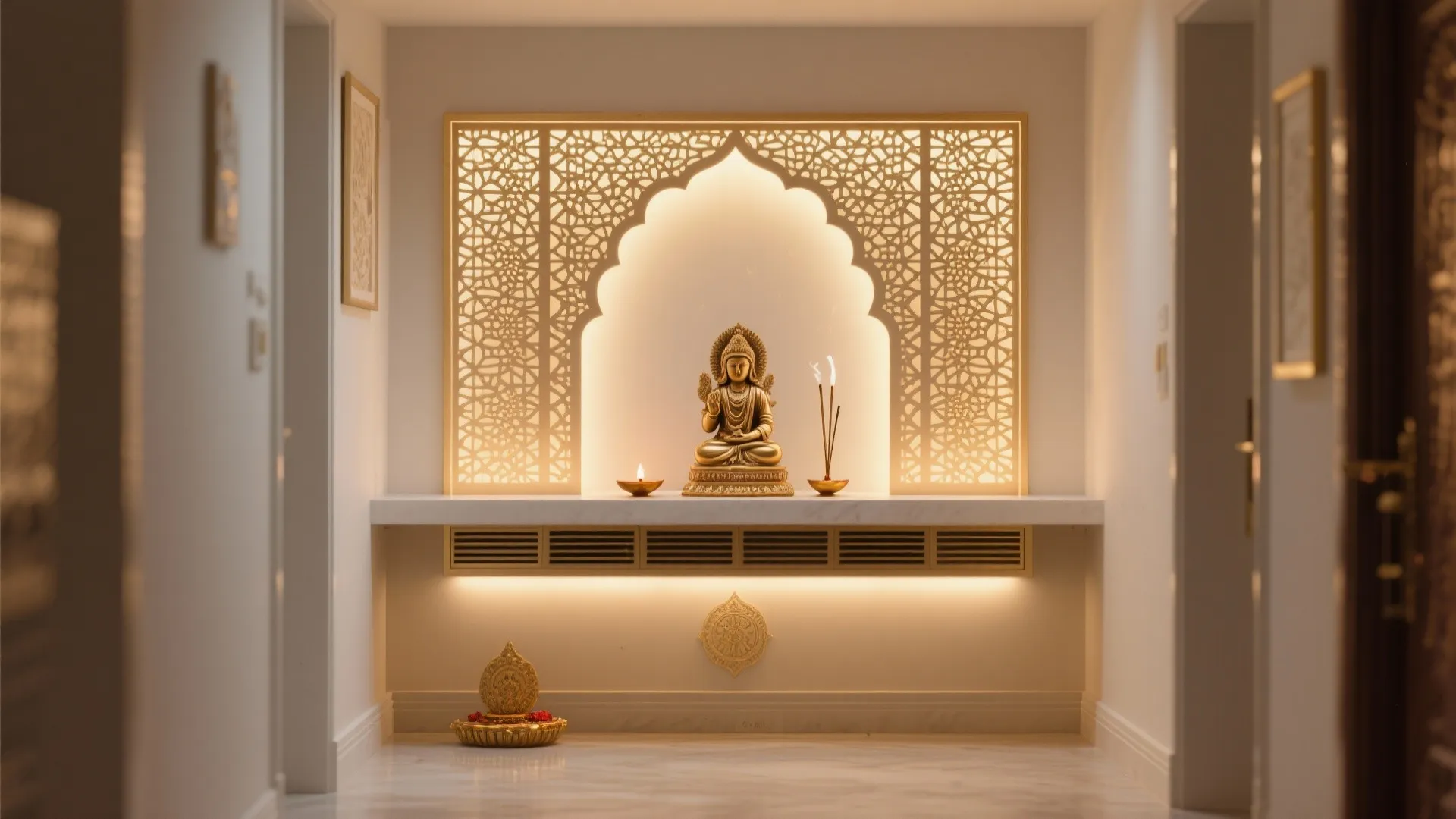 Golden buddha statue on a marble shelf with glowing patterned wall panel and warm lighting