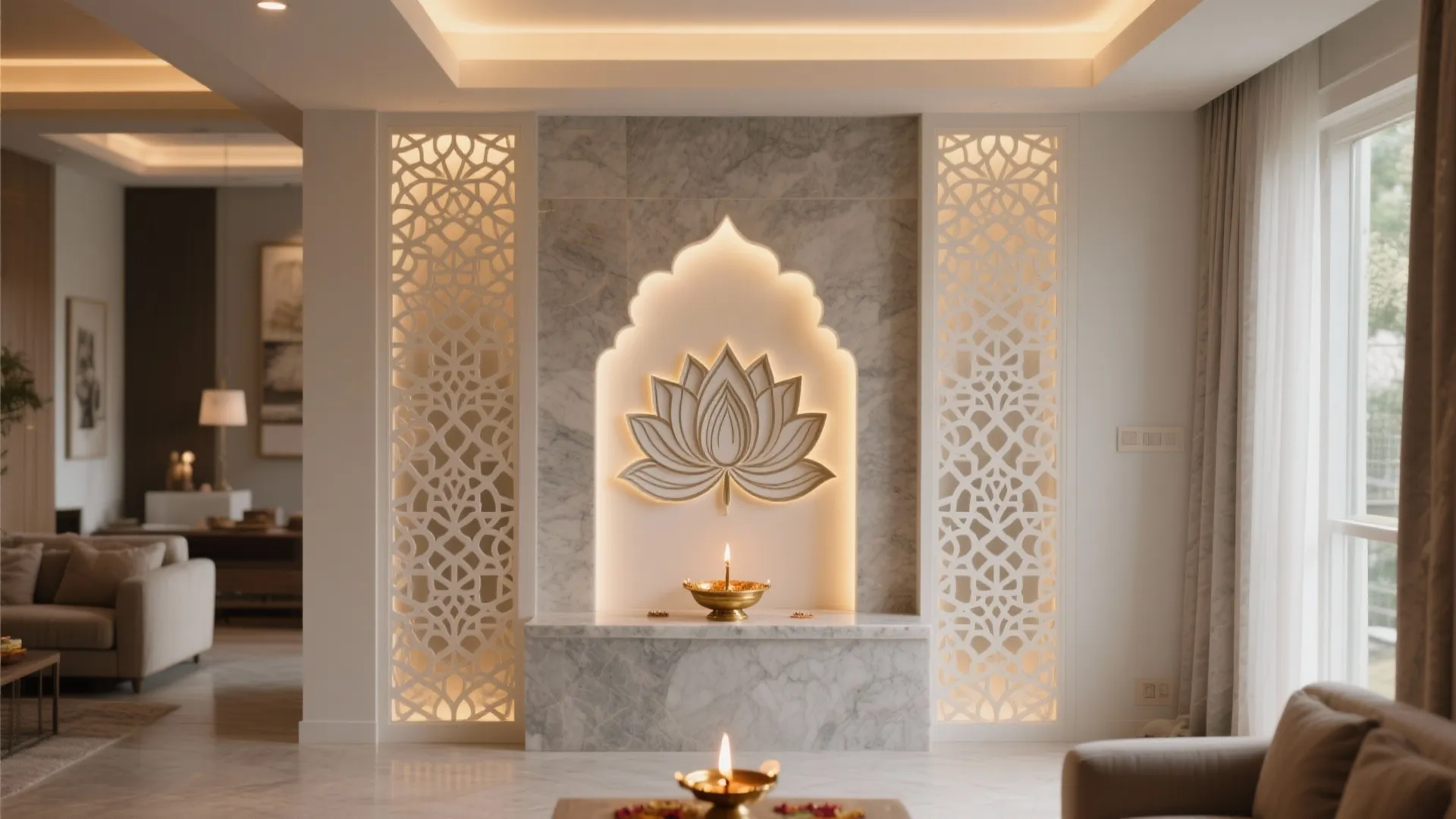 Compact pooja zone with lotus jali backlit panel and stone greige backdrop in an open plan.