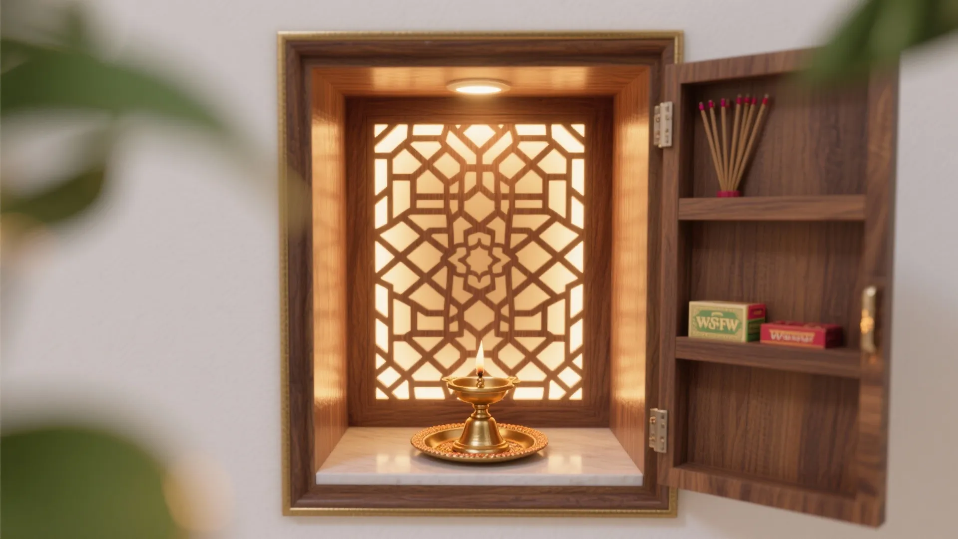 Backlit jali panel with concealed storage