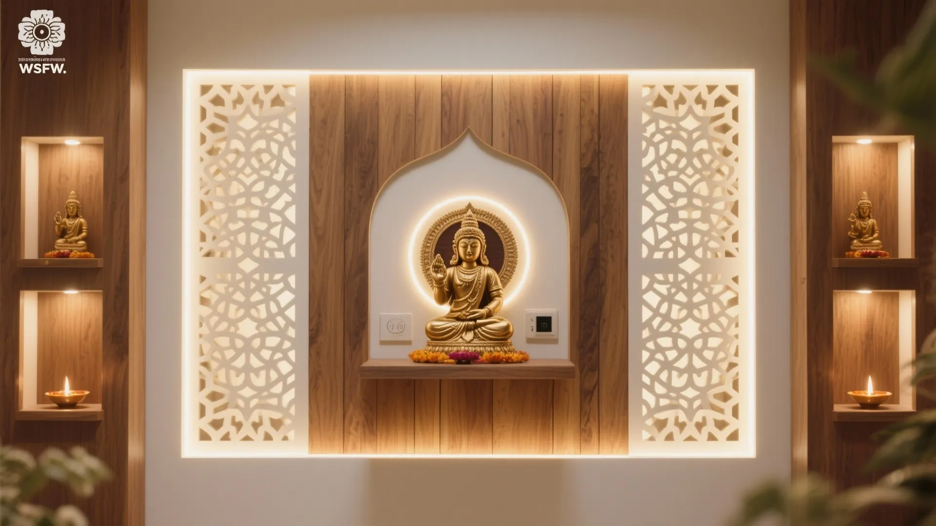 Backlit Jali and Warm Wood Accents