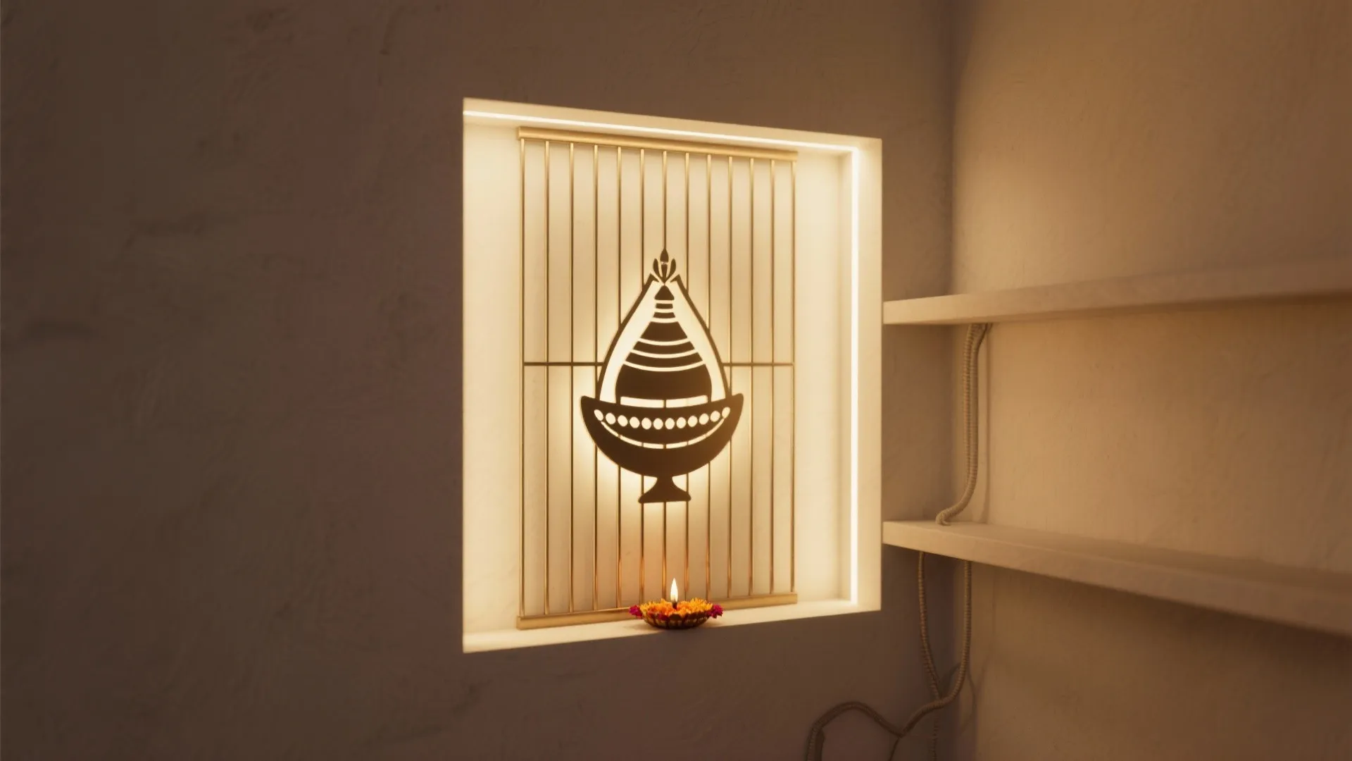 Recessed wall niche with a backlit metal pattern, small candle, and white shelves on side