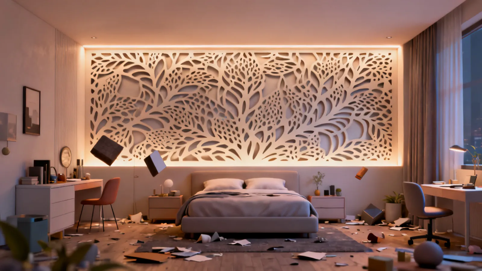 Backlit decorative laser cut wall panel creating dramatic lighting effect