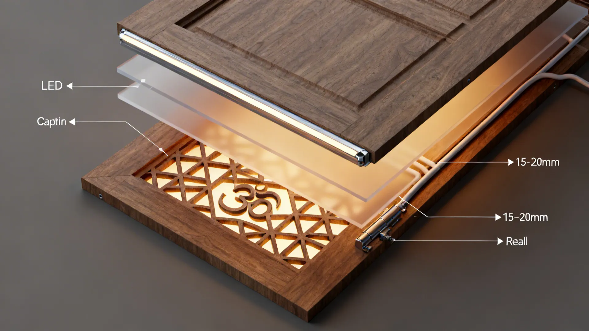 Top-down layered view of CNC jaali door with LED cavity and frosted diffuser.